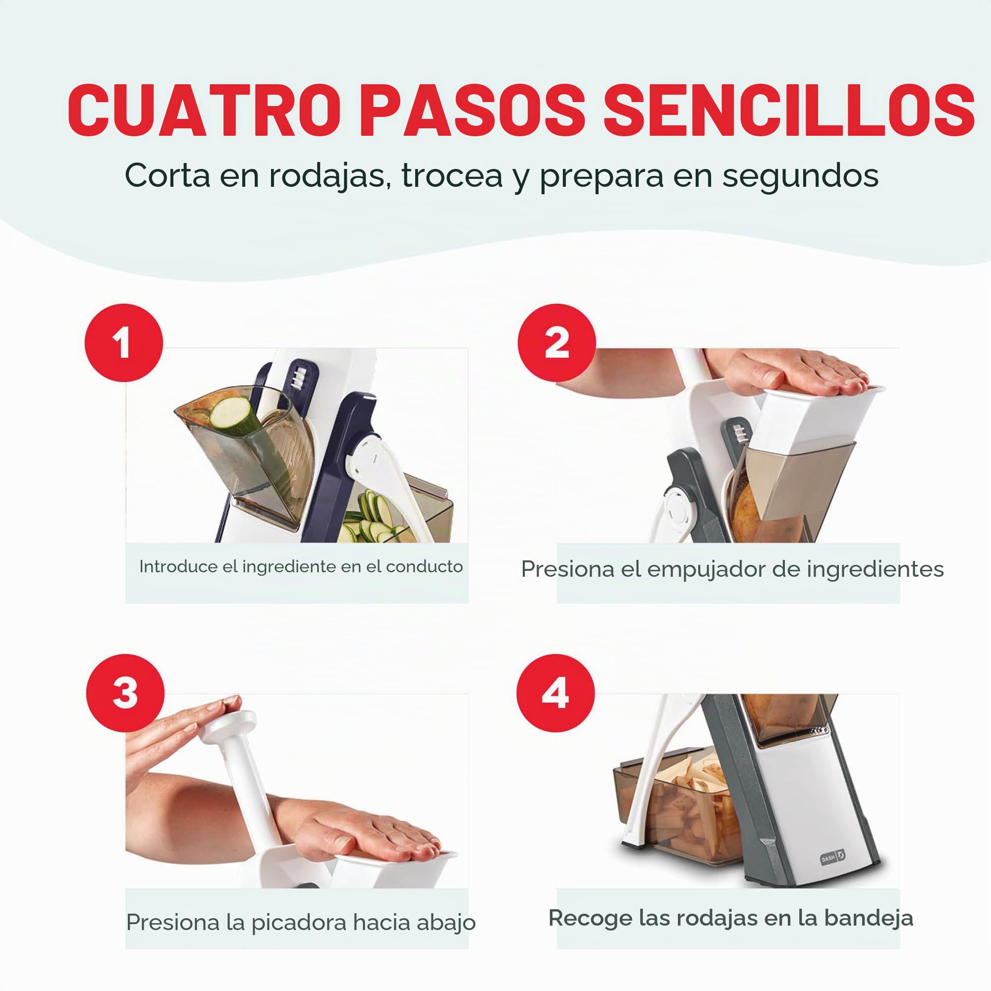 DASH Cortador de mandolina Safe Slice, Juliana + Dados para Verduras, preparación de Comidas y más con más de 30 ajustes preestablecidos y ajustador de Grosor, Plástico, Gris