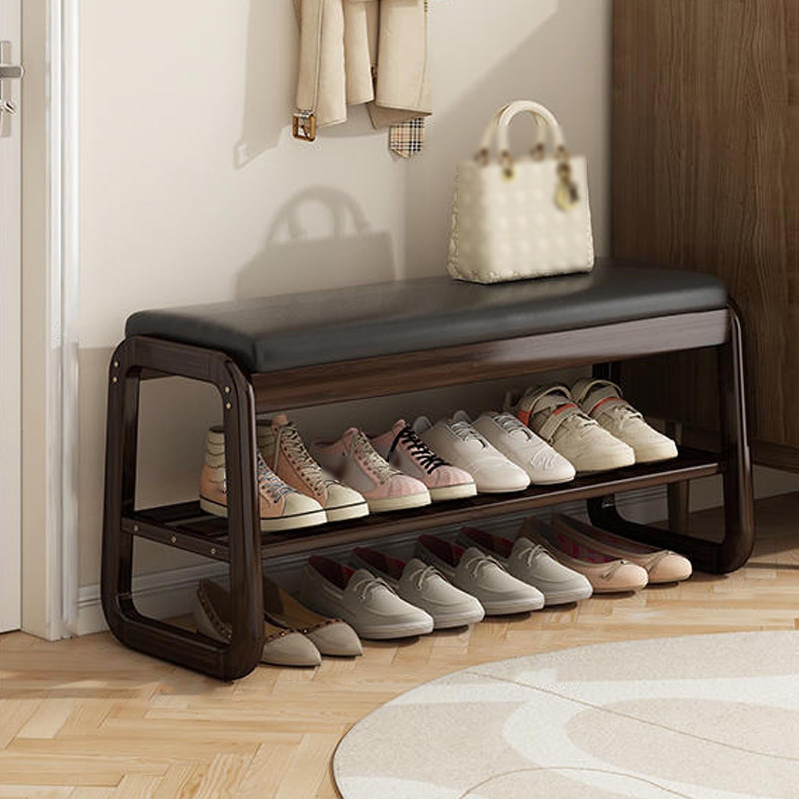 Banc à chaussures en bambou au design noir moderne et finitions durables