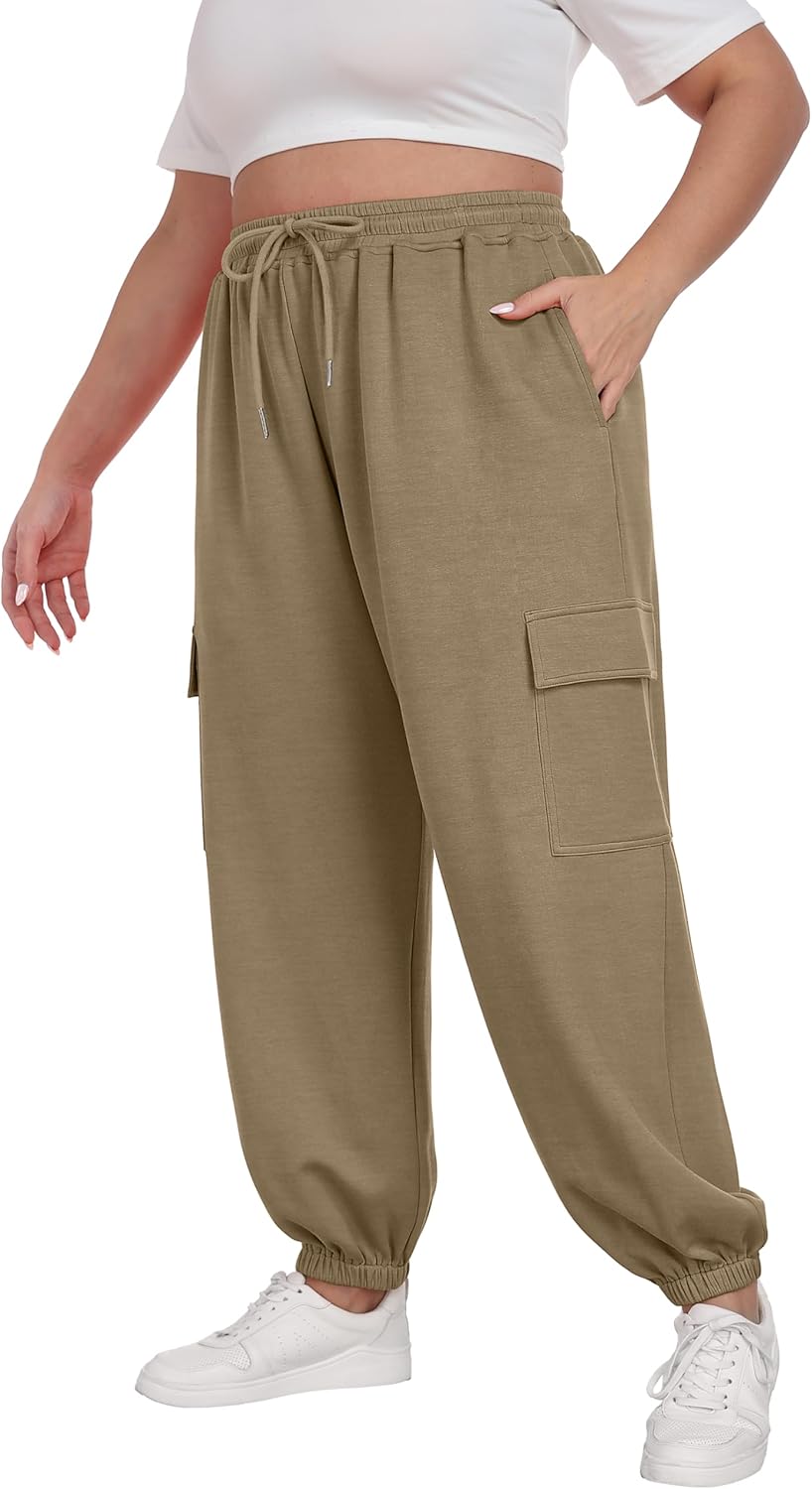OLRIK Women Plus Size Cargo Sweatpants Adjustable Drawstring Joggers Loose Fit Lounge Trousers with Pockets Fall Winter