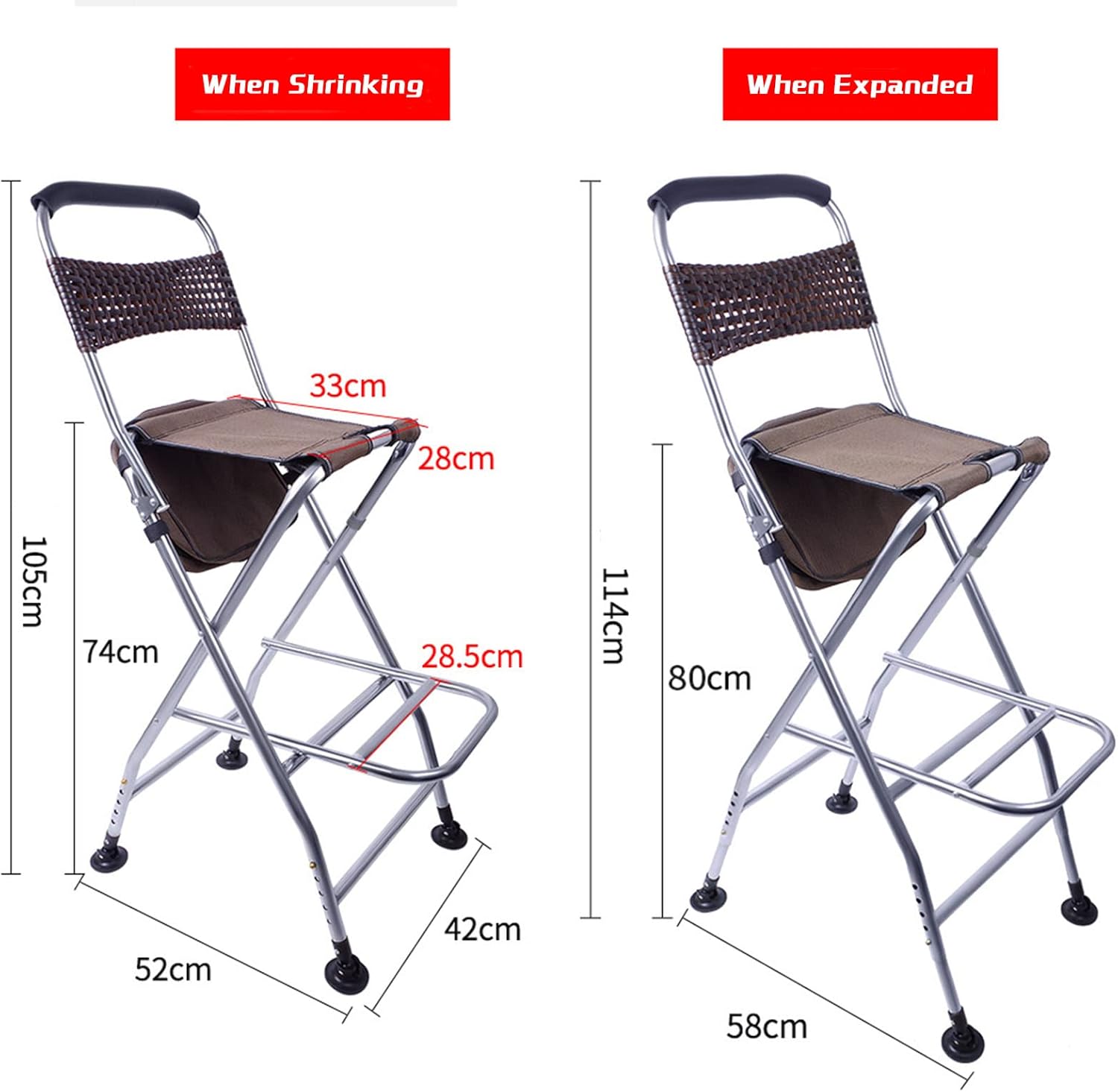 Folding Stool with Back, Heavy Duty Collapsible Stool for Adults Portable,Indoor Outdoor Tall Bar stools with footrest for Kitchen Outdoor Travel (Brown)