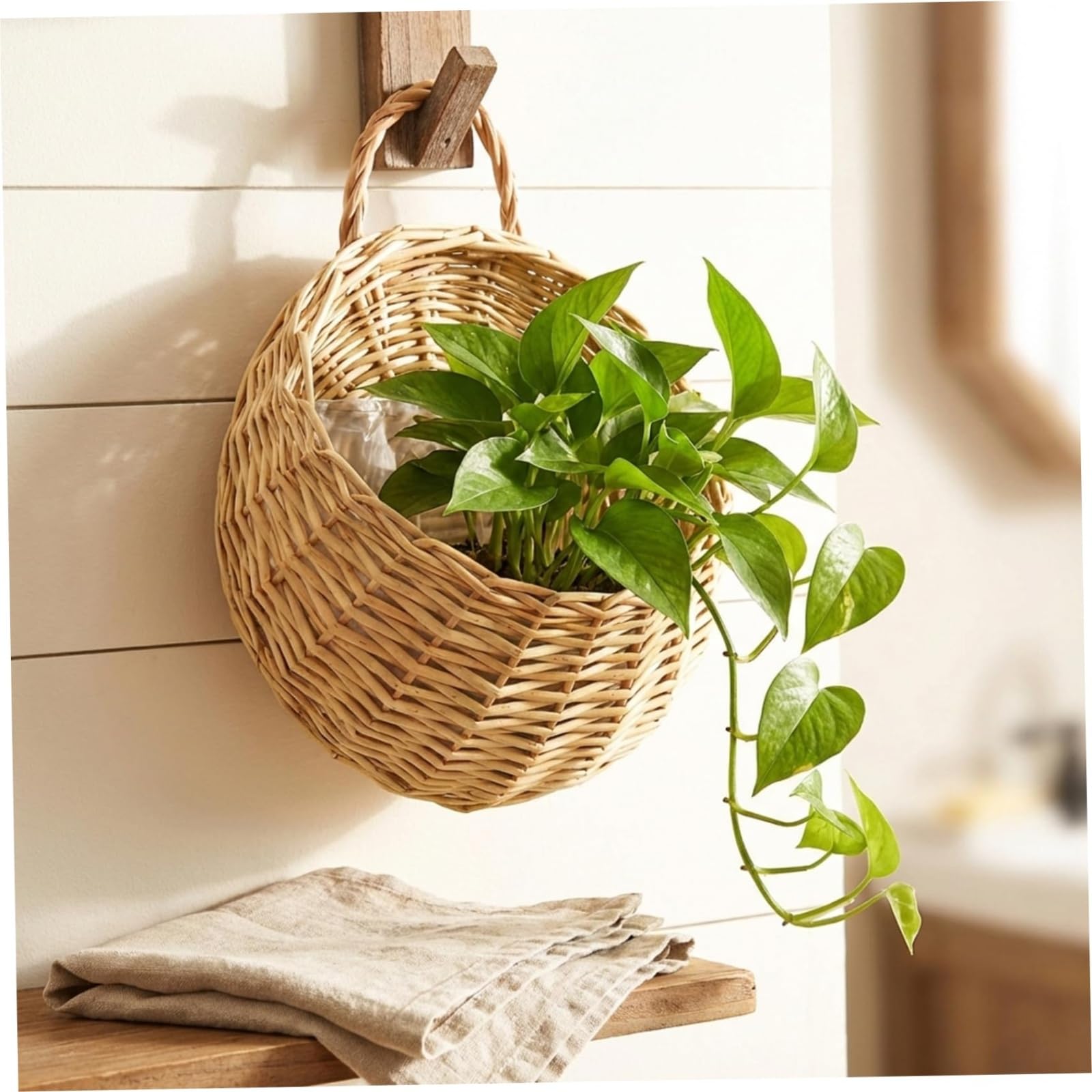 Cestino da parete in rattan intrecciato, confezione da 2, con fodera impermeabile, piccoli cesti appesi per interni e stoccaggio, fioriere in vimini per l'organizzazione della casa