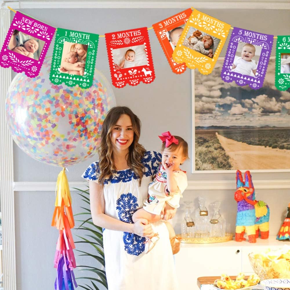 Mexican Photo Banner Fiesta First Monthly Banner Papel Picado First Fiesta Birthday Decorations for Mexican 1st Birthday Party Decorations Carnival From Newborn To 12 Month Monthly Banners