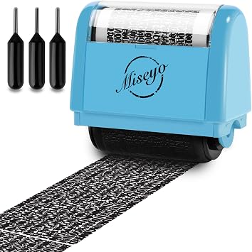 Miseyo Wide Identity Theft Protection Roller Stamp Set - Blue 3 Refill Ink Included