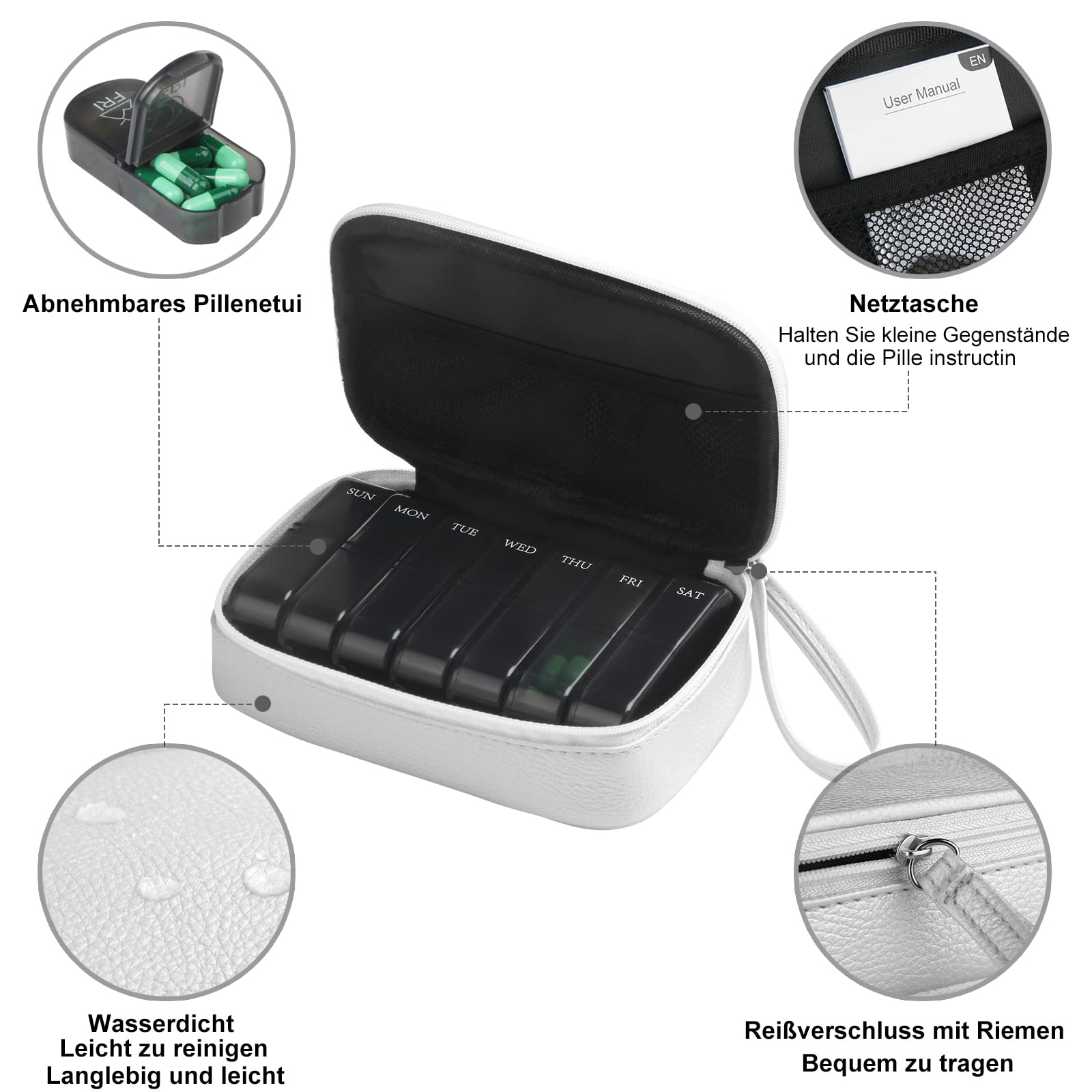 Portapillole Settimanale Mattina Sera Contenitore per Pillole 7 Giorni Pill Box 2 Volte al Giorno Pill Organizer Borsa in PU con Cerniera Portatile Per Vitamine, Olio di Pesce, Capsule (argento)