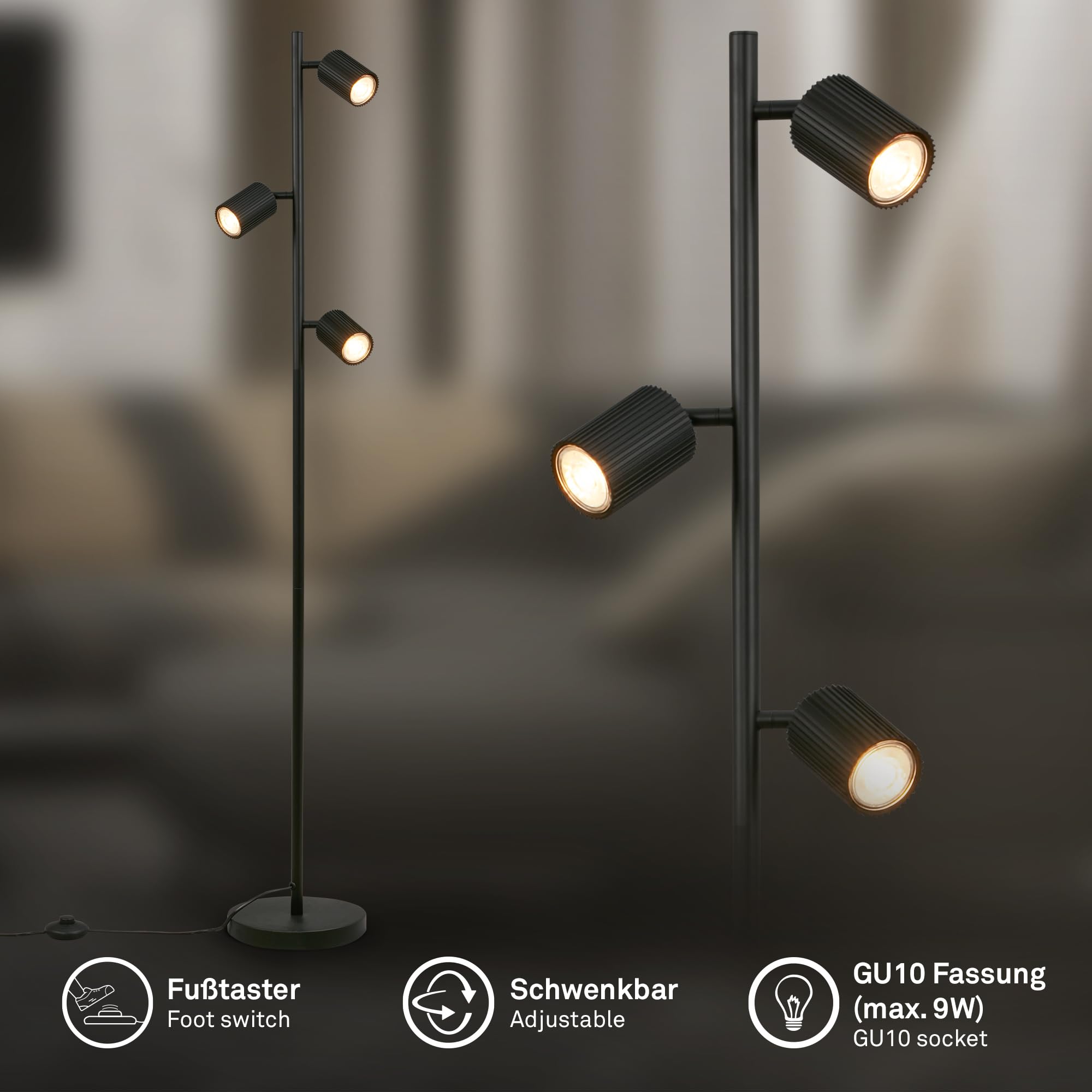 BRILONER - Stehlampe mit Fußtaster, 3x GU10, Schwenkbar, 22x141cm, Schwarz