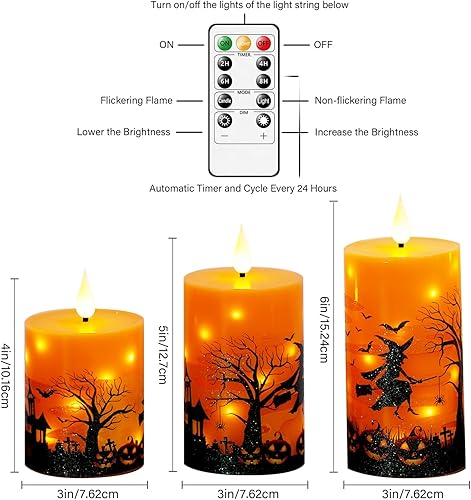Miniatura 3 de Velas sin llama de Halloween con control remoto, velas LED naranjas y tira de luces, funciona con pilas, juego de 3 (3 pulgadas de profundidad x 45
