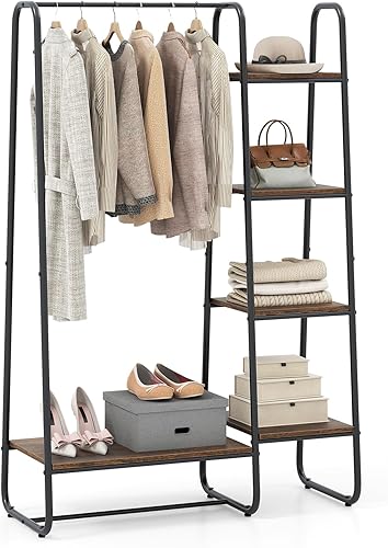 COSTWAY Perchero con estantes, perchero resistente con barra para colgar, estantes de 5 niveles, almohadillas ajustables para pies, organizador de