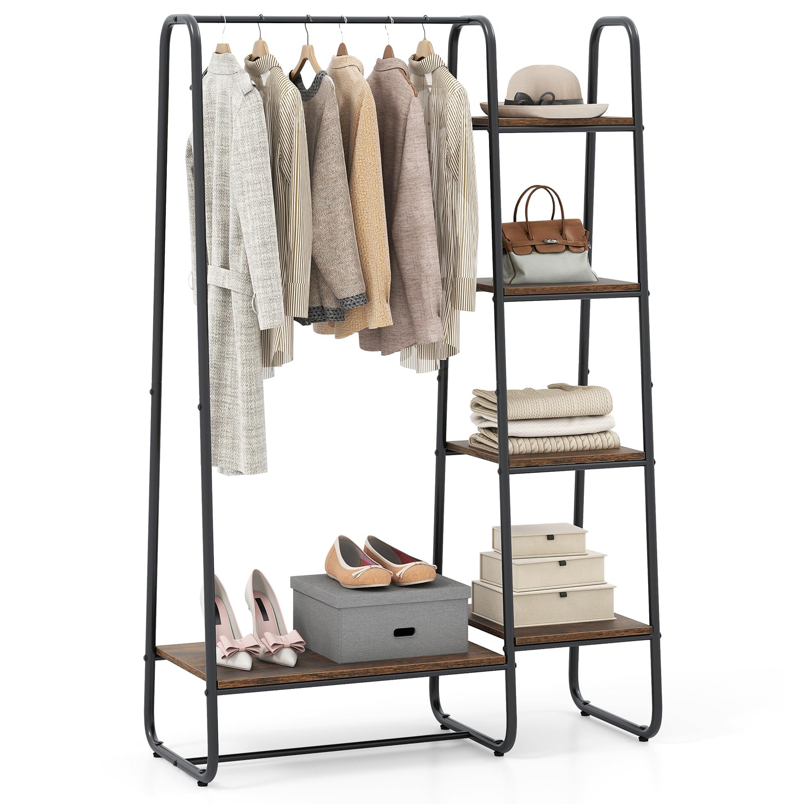 COSTWAY Clothes Rack with Shelves, Heavy Duty Garment Rack with Hanging Rod, 5-tier Shelves, Adjustable Foot Pads, Closet Organizer, Freestanding Wardrobe Clothing Racks for Hanging Clothes (Black)