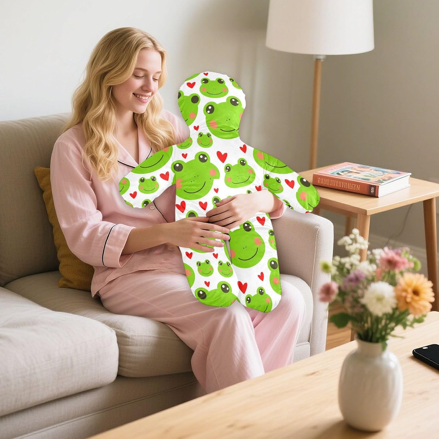 Cute Frog Faces Human-Shaped Pillow Soft Body Pillows Washable Velvet Pillows for Anxiety Relief Sleeping Cuddling & Support