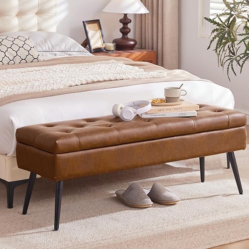 CUYOCA Storage Ottoman Bench, 43.5" Faux Leather Tufted Entryway Bench, Long Ottoman with Storage for Living Room, Support 660lbs - Retro Brown