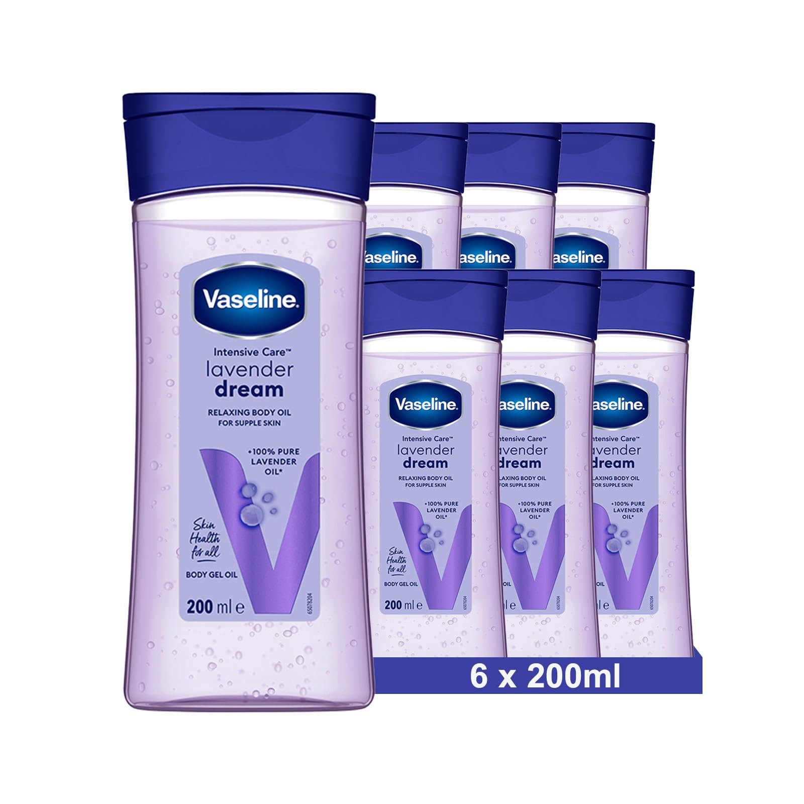 Vaseline Intensive Care Lavender Dream per una pelle morbida – Gel-olio rilassante per il corpo con olio di lavanda puro al 100%, 200 ml (6 x 200ml)