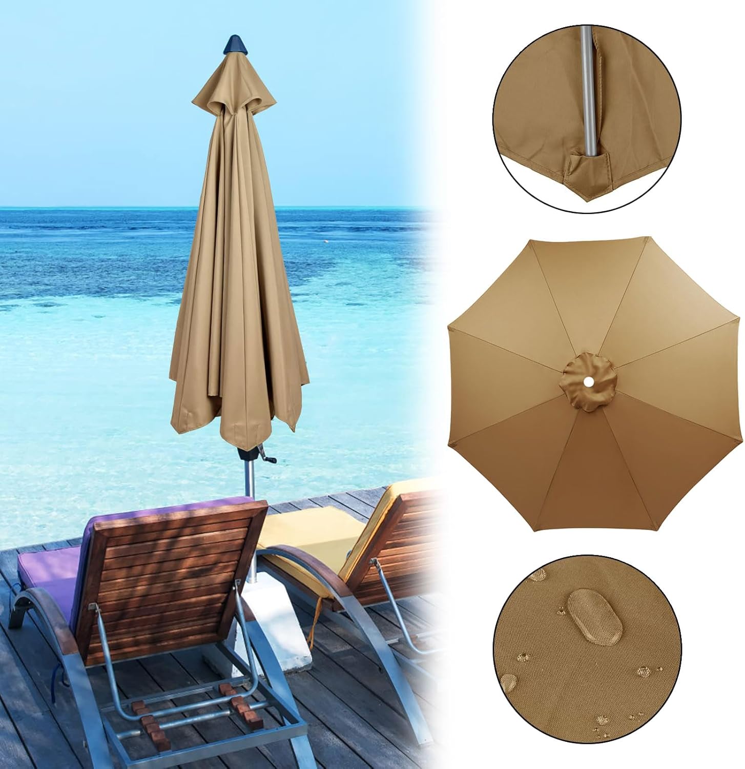 8-Rib Outdoor Umbrella Replacement Canopy - Durable Polyester Top for Market Umbrella - Weather-Resistant Cover for Patio, Garden, and Beach Use