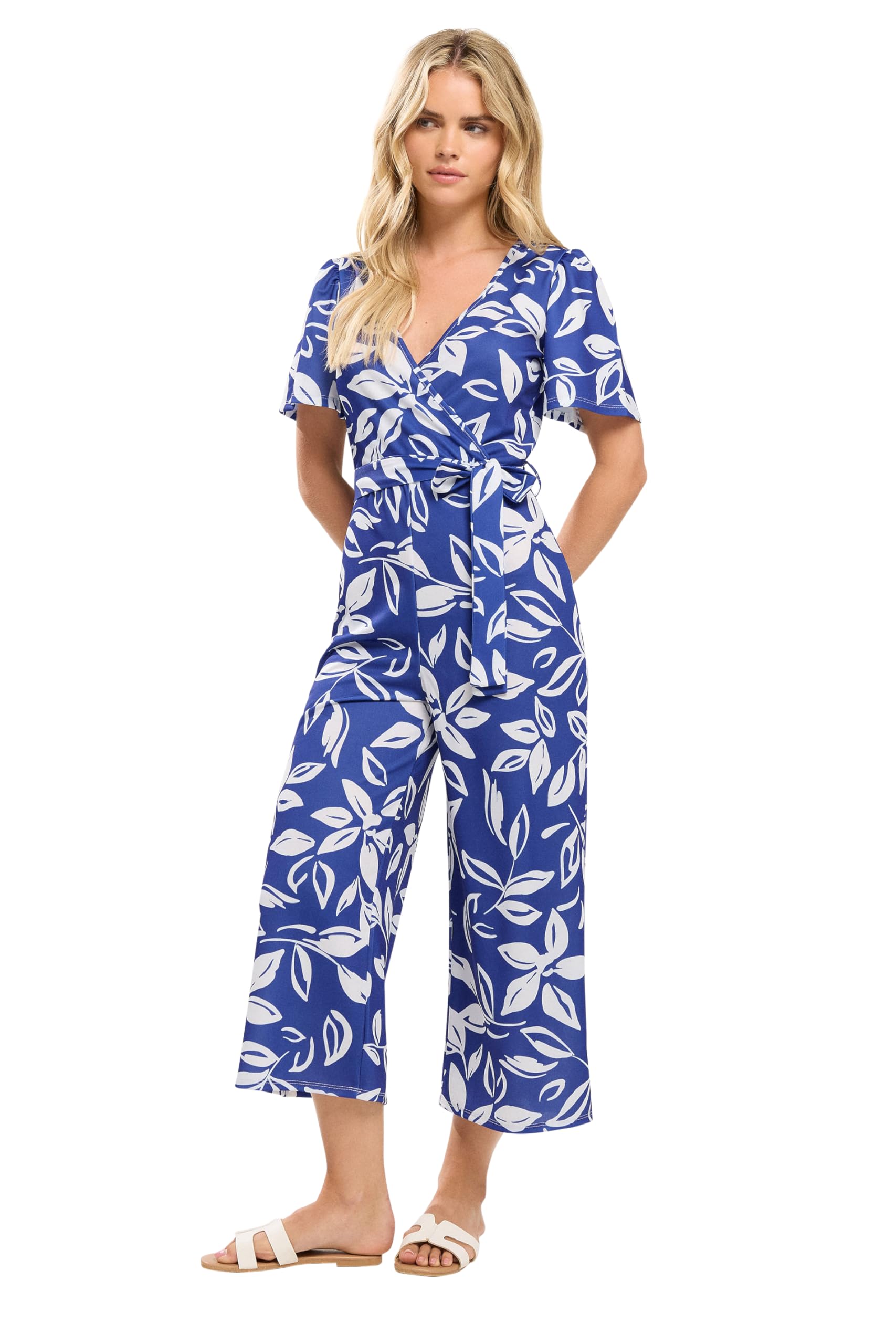 M&Co Women's Blue Petite Leaf Print Jumpsuit In | Size: 8