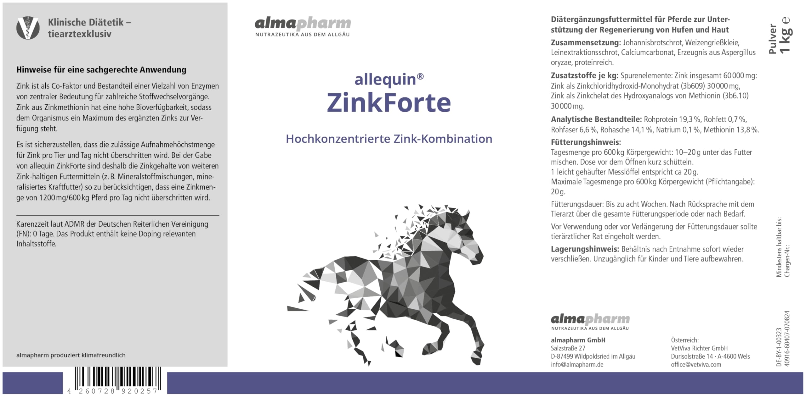 Almapharm allequin ZinkForte | 1 kg | Diät-Ergänzungsfuttermittel für Pferde | Zur Unterstützung der Regenerierung von Hufen und Haut | Hochkonzentrierte Zink-Kombination