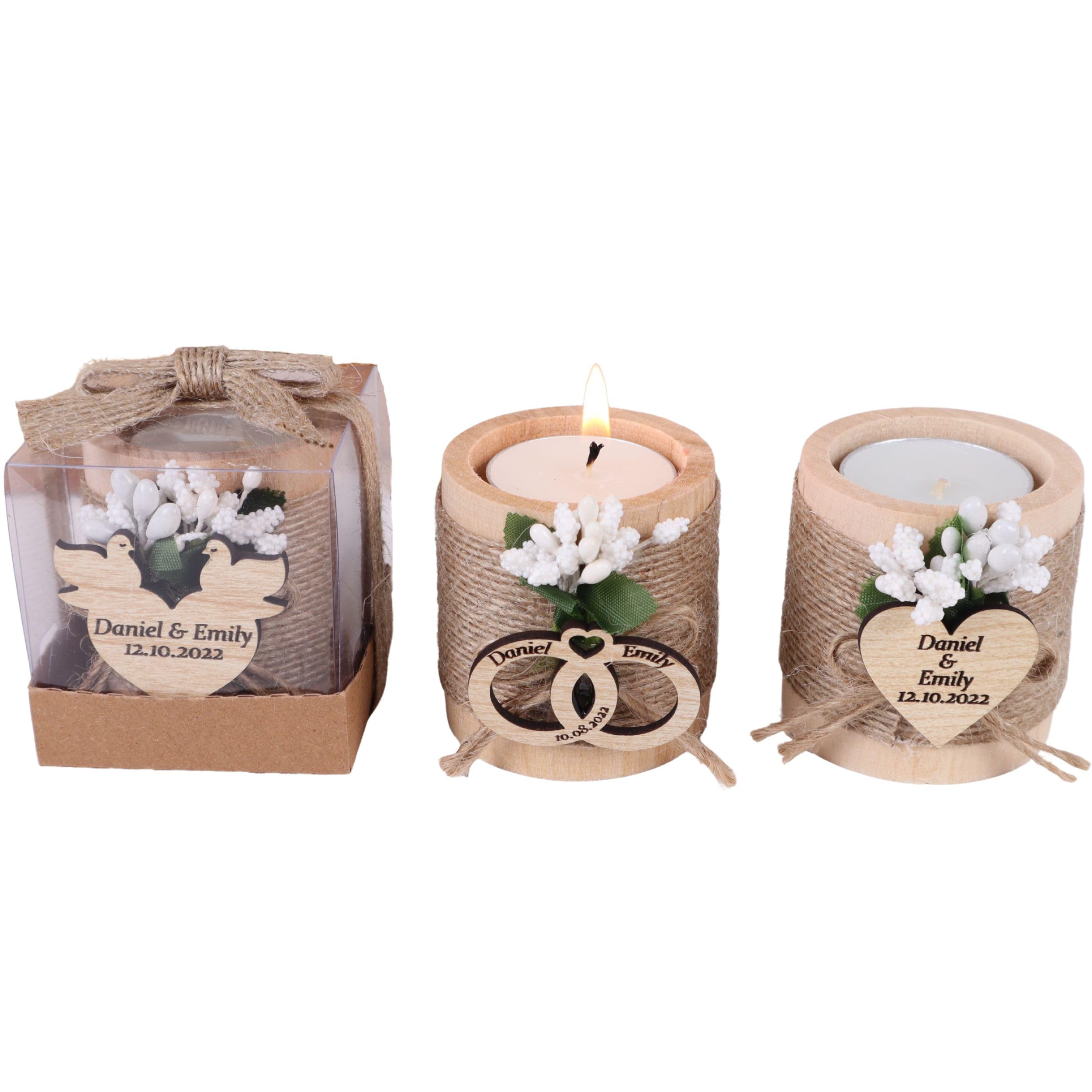 HTF Pack of 5 Personalized Wedding Gifts Wood Tealight Candle Holder Decorations, Bridesmaid, Bridal Shower Gifts, Engagement, Wedding Favors for Guests (Light Brown-Wedding)