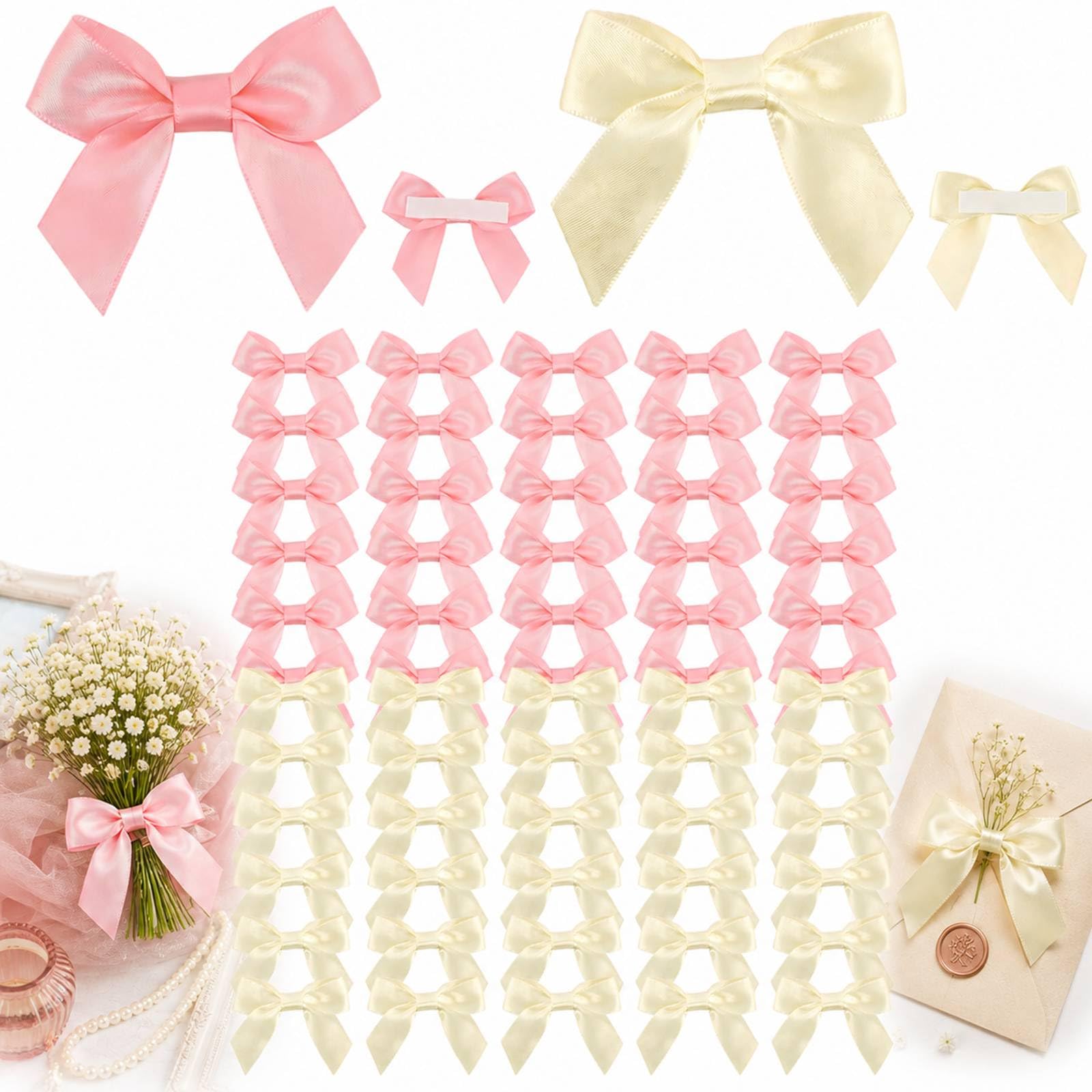 60PCS Two Colour Self-Adhesive Satin Mini Bows 6cm - Sticky Ribbon Bow Decorations for Gift Wrapping, DIY Sewing, Wedding Favours, Birthday Parties, Handmade Craft Cards (Pink and Ivory)