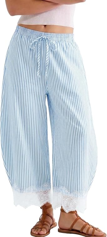 SeeLuNa Women Pajama Pants Striped Lace Hem Drawstring Boho Lounge Trousers