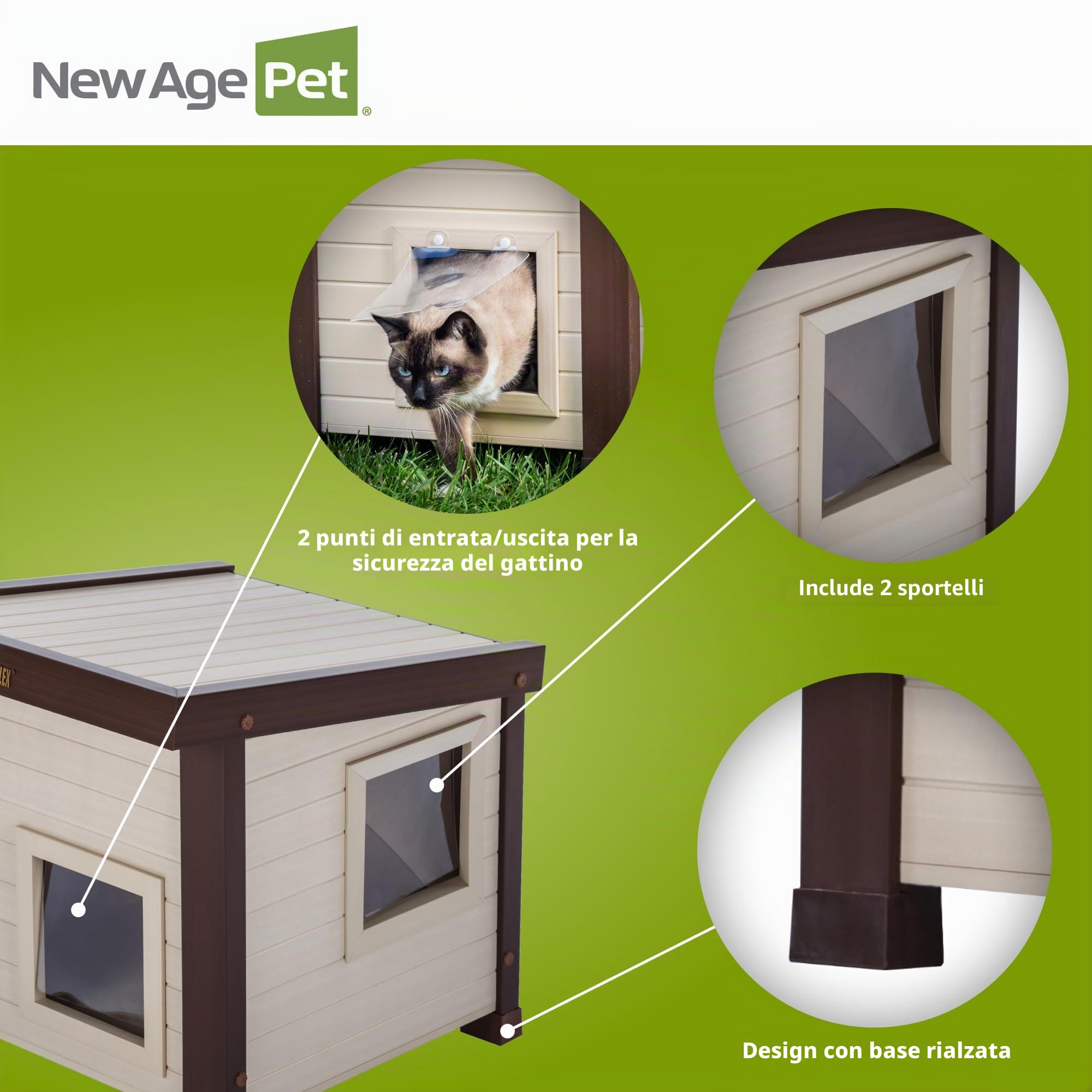 New Age Pet® ECOFLEX® Albany, Casetta per Esterni per Diversi Gatti Selvatici, Facile e Veloce da Montare, con 2 sportelli in Vinile, Resistente all'umidità e agli odori