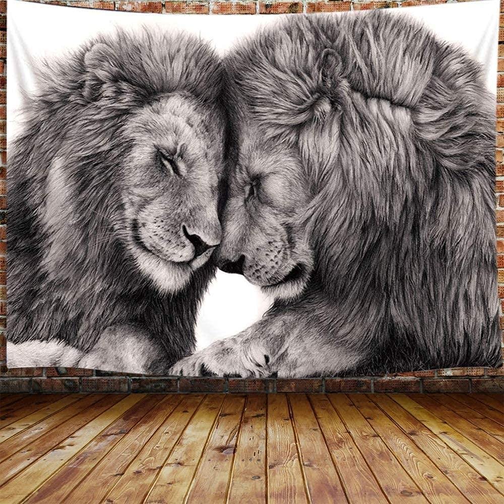 Black and White Lion Large Tapestry for Couples African Wild Animals Tapestry Wall Hanging for Bedroom Hippie Beach Blanket College Dorm Home Decor-150x130cm