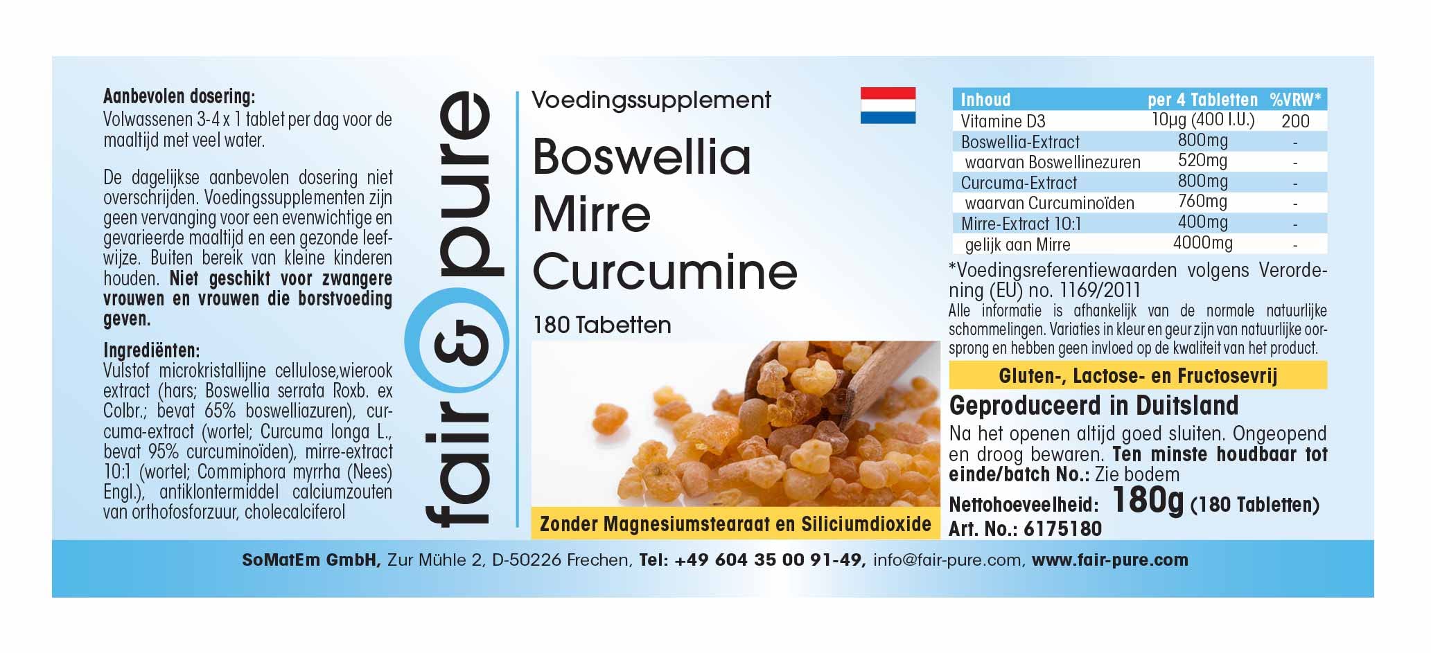 Fair & Pure Boswellia Myrrhe Curcumin mit Vitamin D3, 180 Tabletten, Weihrauch Extrakt, Nahrungsergänzungsmittel ohne Magnesiumstearat, in Deutschland hergestellt
