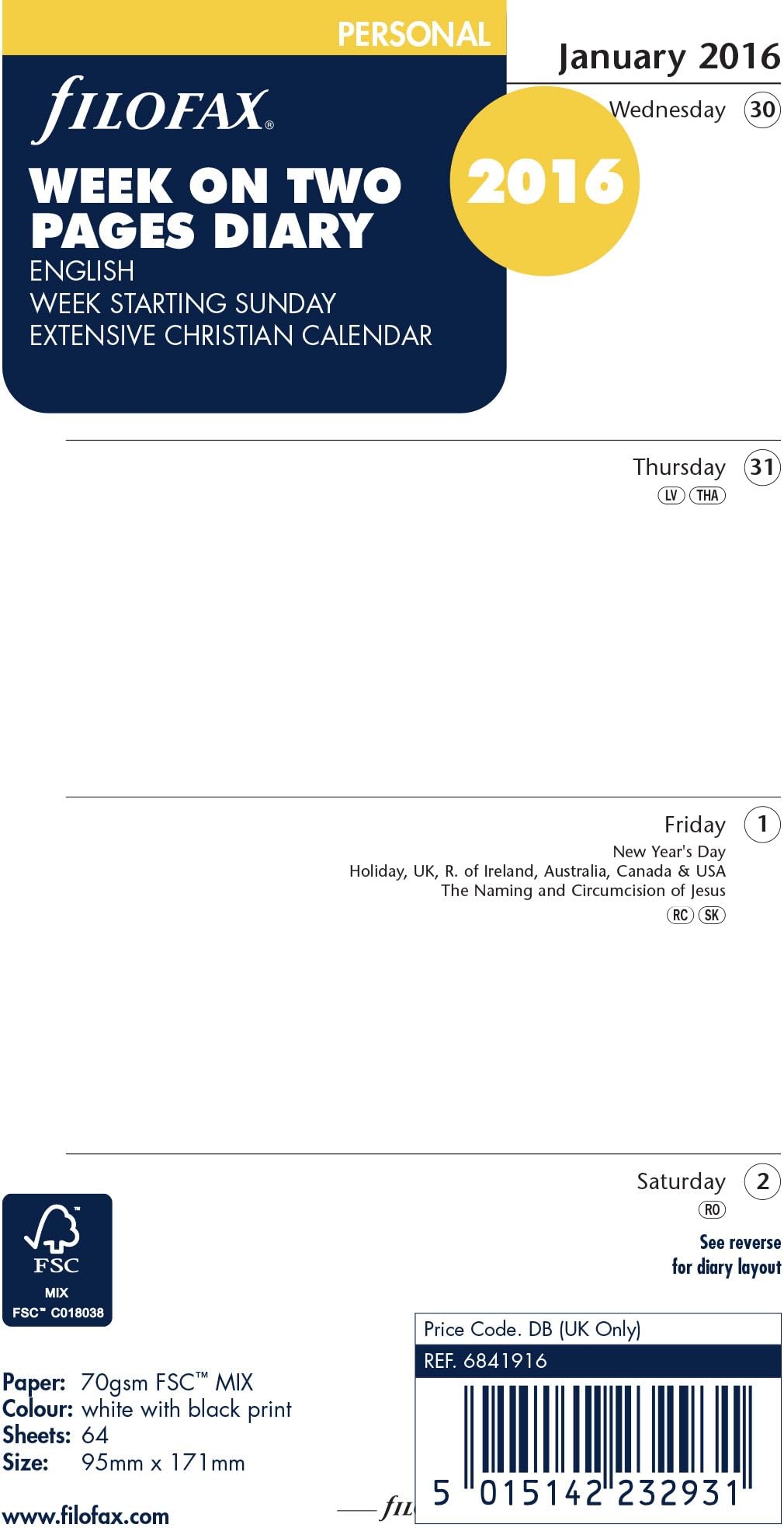 Filofax Personal Week On Two Pages English Sunday Start Diary For 2016