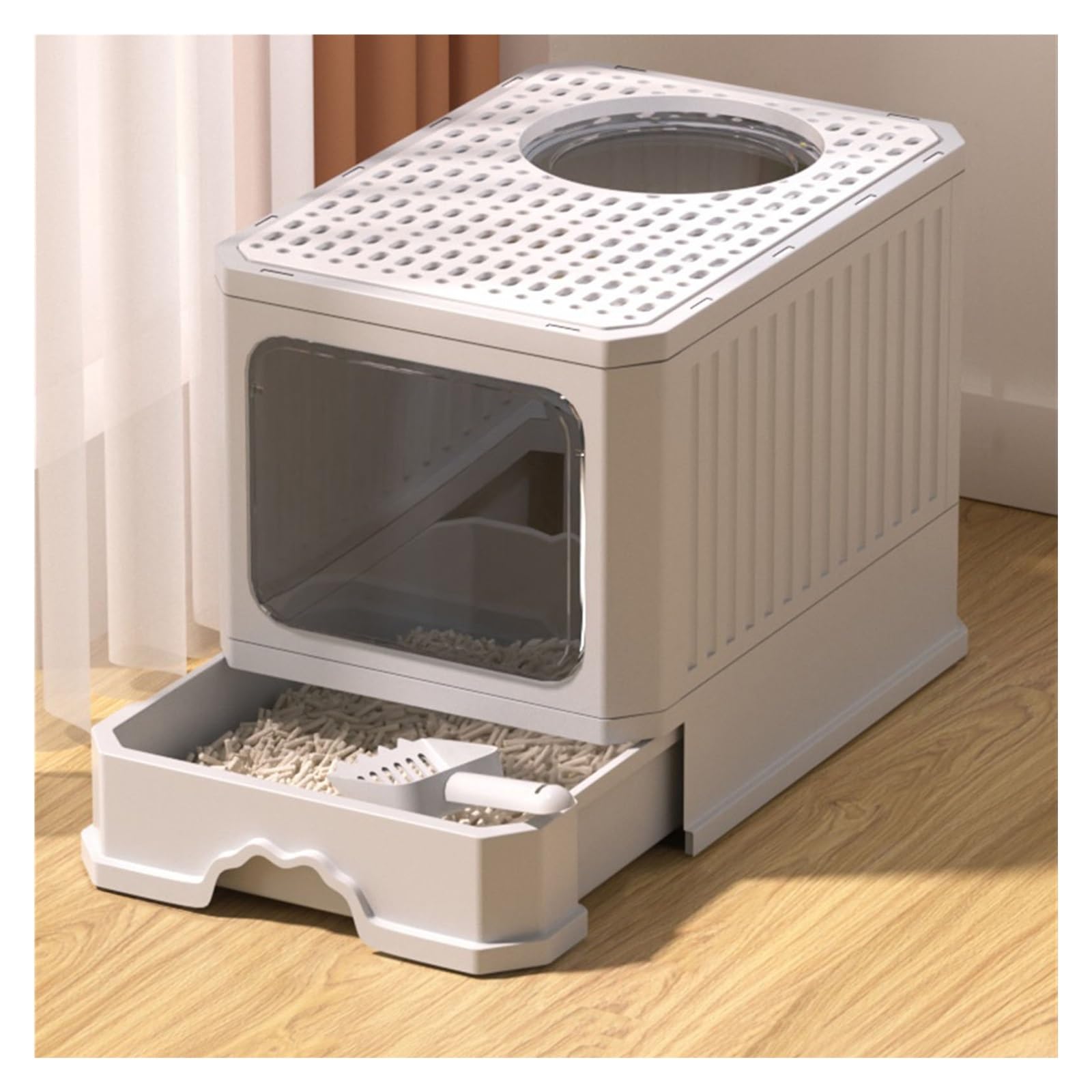 SDGBCXD cat litter tray, Cat Litter Tray, Foldable Box with Lid, with Scoop, Top Entry Anti-Splashing Toilet(Gris One Size,Gris)