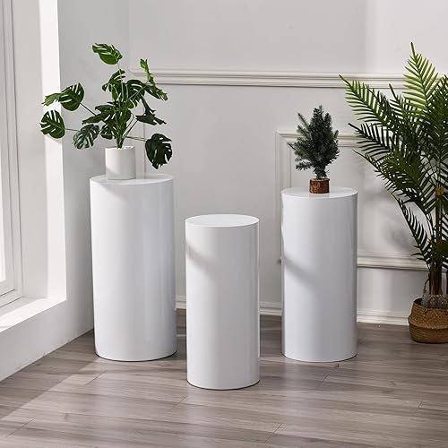 VINCIGANT Juego de 3 mesas cilíndricas de metal para fiestas, juego de 3 mesas cilíndricas decorativas para fiestas, pedestales de exhibición,