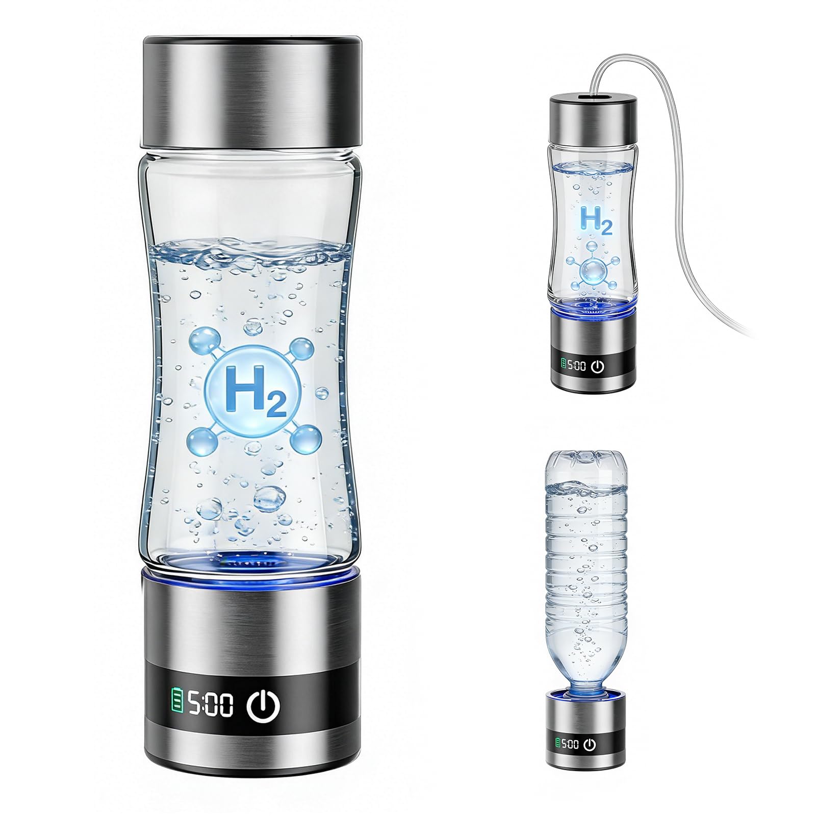 Bouteille d'eau hydrogénée avec affichage numérique, 460 ml Bouteille d'eau hydrogénée portable en verre avec technologie 5200 PPB & SPE, eau riche en hydrogène en 5 minutes (5200 PPB - 460 ml)