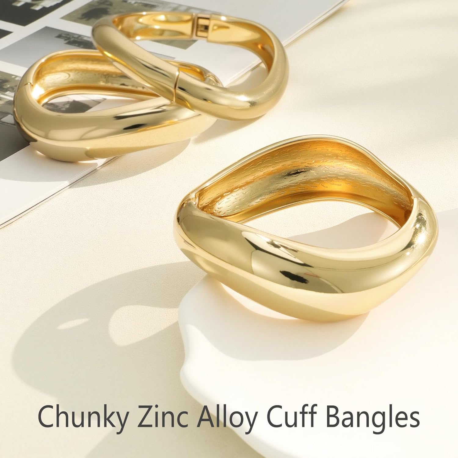 Emibele Gold Bangles for Women, 2PCS Irregular Chunky Gold Bracelet Hinged Open Bangle Bracelets for Women, Fashion Wide Arm Cuff Minimalist Chunky Jewelry Gifts for Valentine Christmas Birthday - Image 7