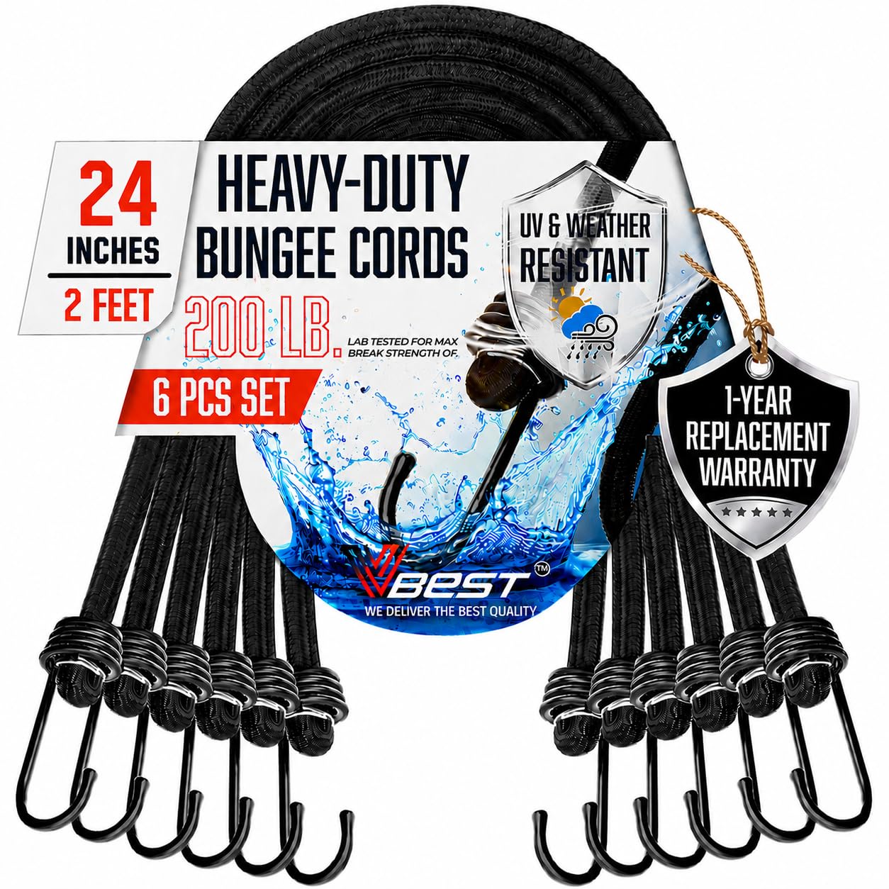 24 Inch Bungee Cords with Hooks - 6Pcs Bungie Set Heavy Duty Outdoor