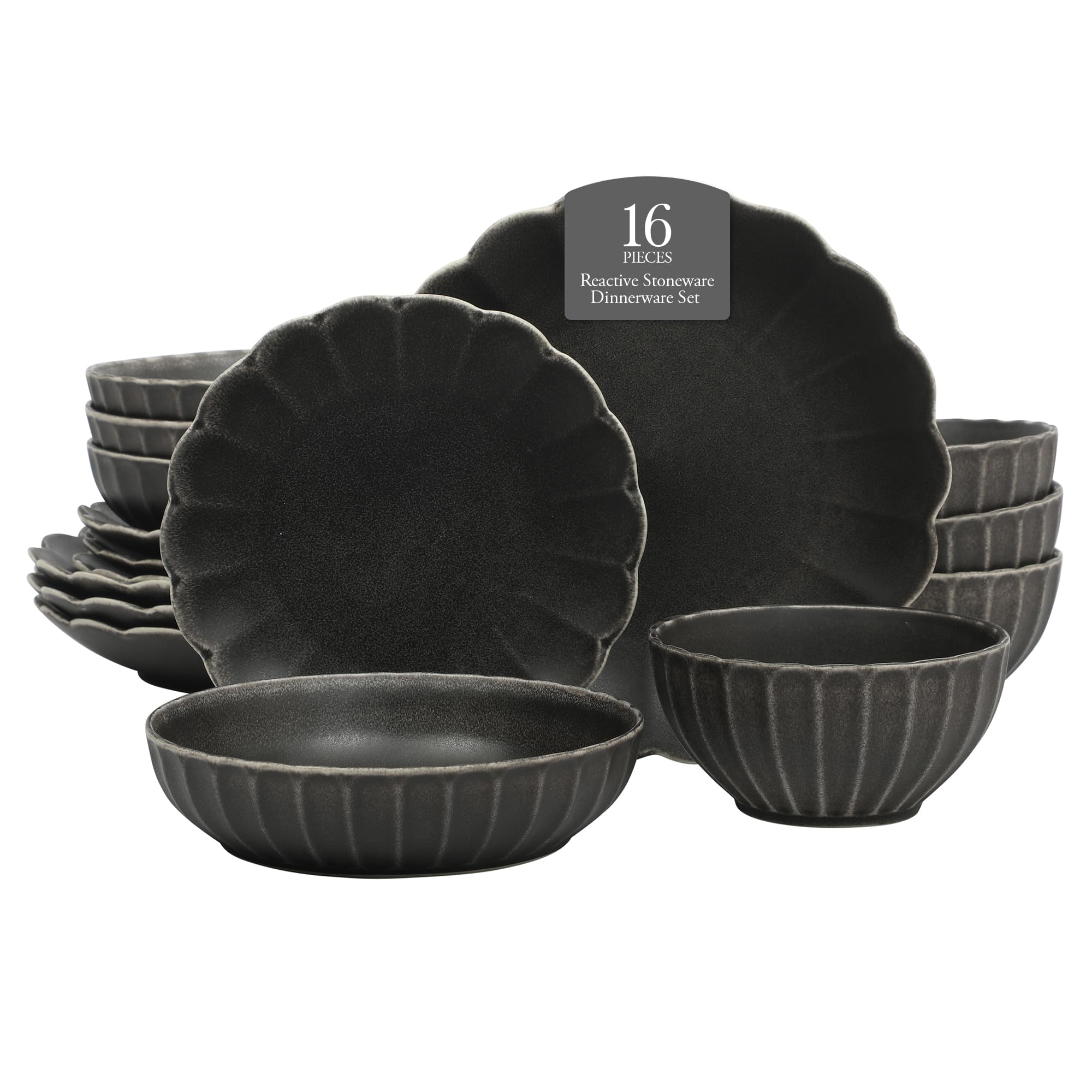 gibson elite malibu shore 16 piece scallop stoneware reactive glaze (service for 4) ceramic plates and bowls dinnerware set - black