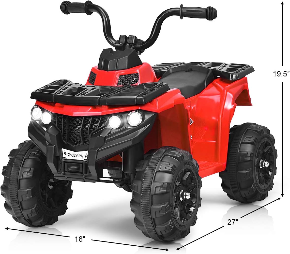 Diagram showing the dimensions of the HONEY JOY 6V Ride On ATV: 27 inches long, 16 inches wide, and 19.5 inches high.