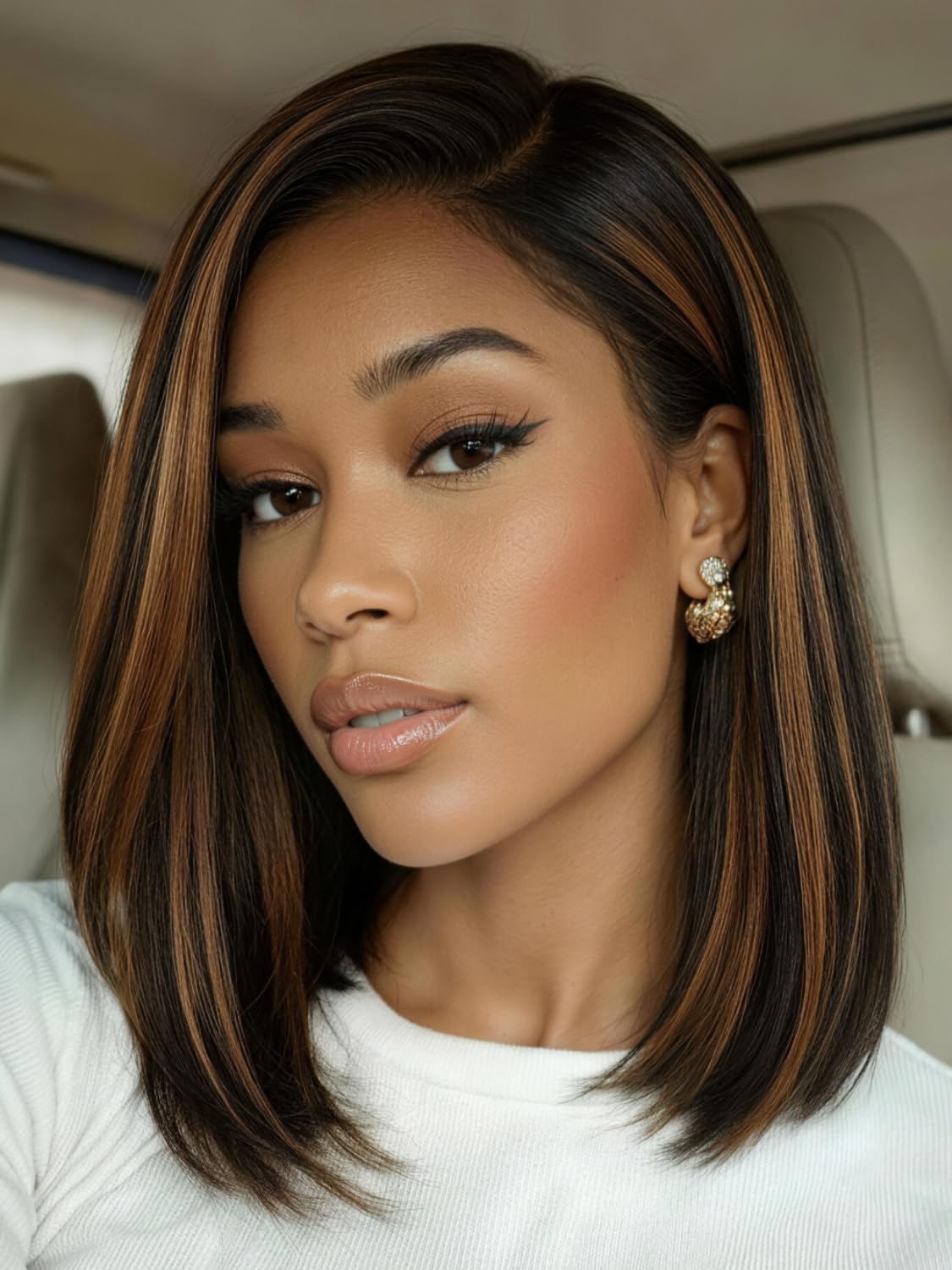 UNICE 7x5 Bye Bye Slip Bob Wig Human Hair, Glueless Pre Plucked Pre Cut Lace Front Wig, Yaki Straight Black with Caramel Highlights, Side Part 150% Density Draw