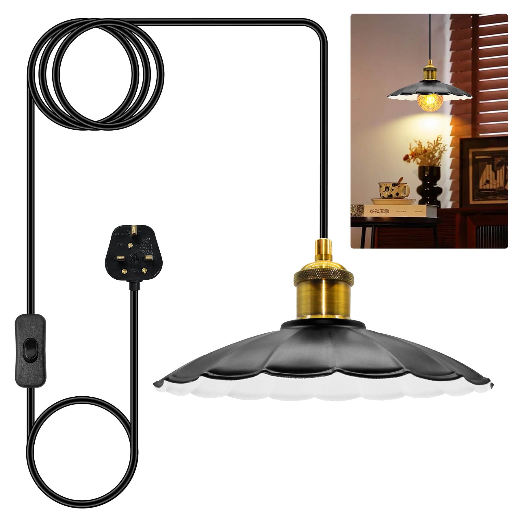 ZRLXFM Plug in Pendant Light with Metal Lampshades, 9.84" Black Ceiling Light Shade Kit, E27 Lamp Holder with 500m Cable, Industrial Hanging Lighting Fixtures for Indoor