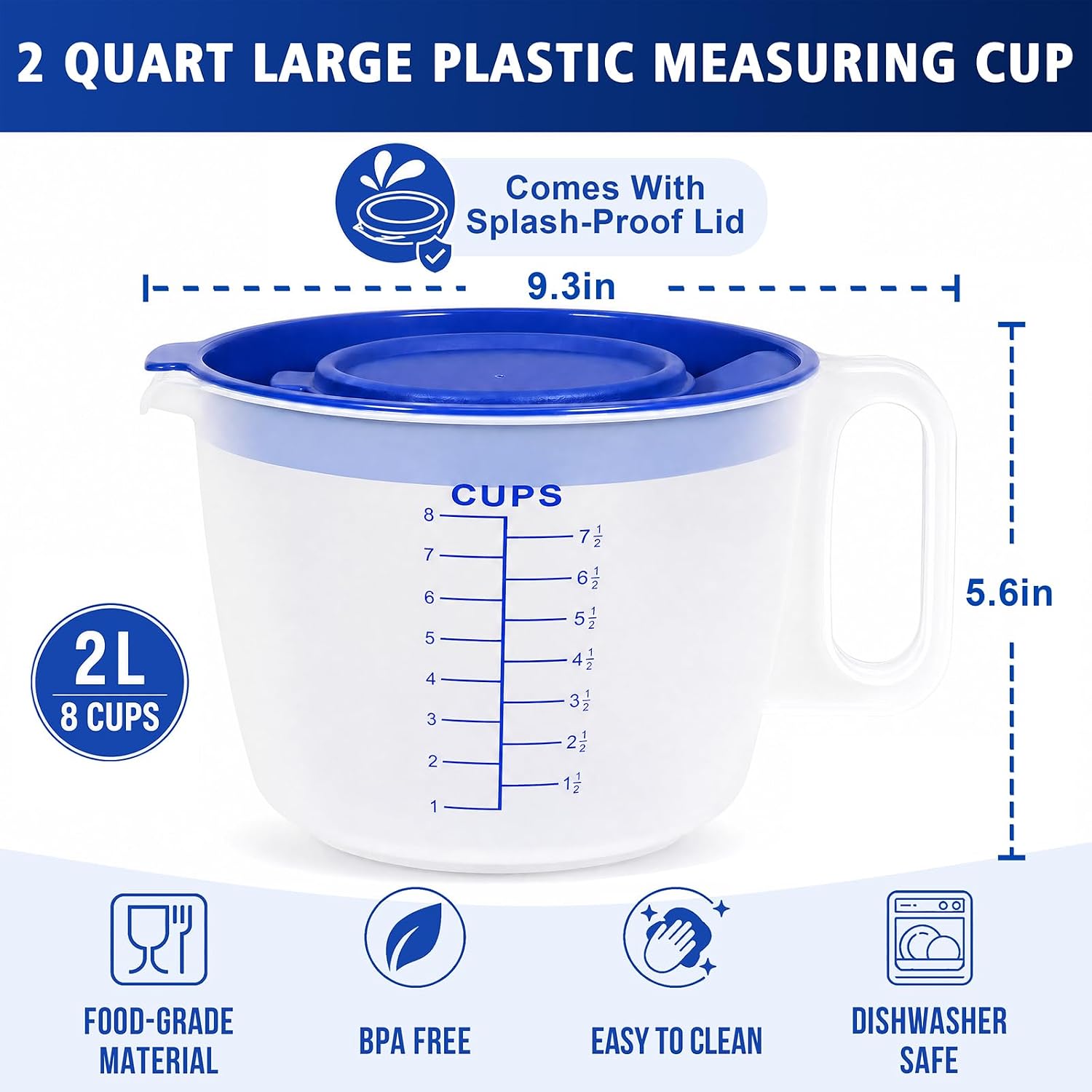 8 Cup Measuring Cup Mixing Pitcher,2 Quart Plastic Large Measure Cup with Lid Handle Spout for Baking Pancake Whisking(Blue, 1Pack)