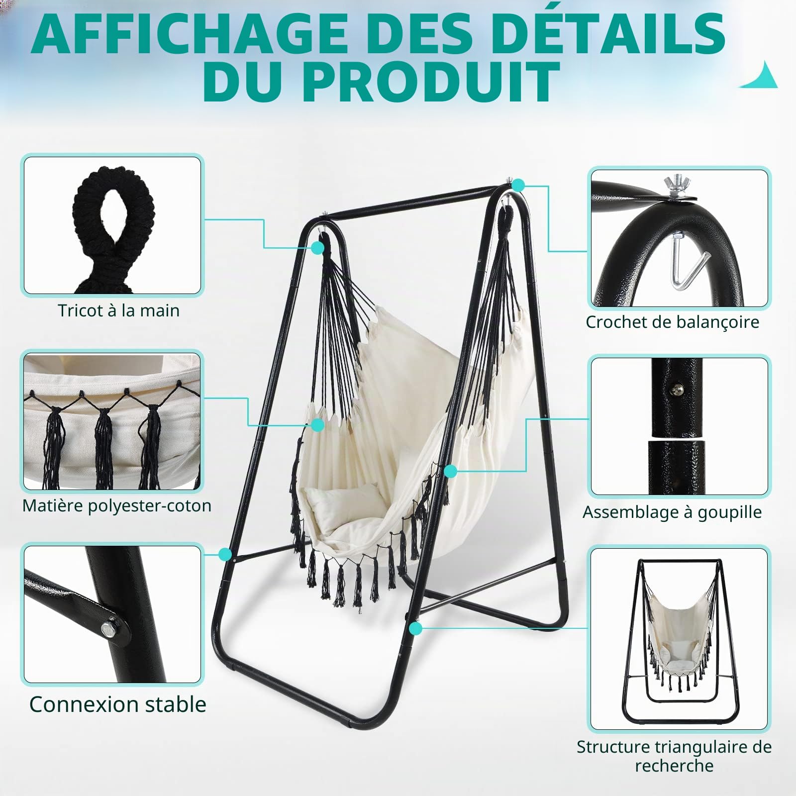 CCLIFE Chaise Suspendue Jardin avec Pied Fauteuil Suspendu pour Interieur et extérieur,Max 100kg,85x103x153cm Beige