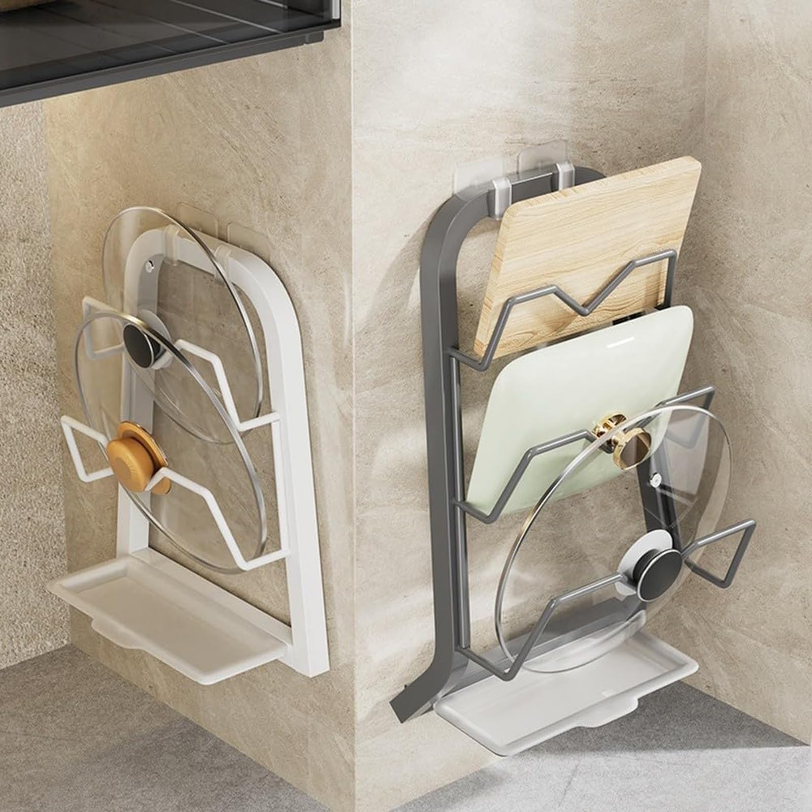 Pot Lid Organizer Rustproof Cutting Board Rack Space-Saving Pot Lid Storage Rack Wall Mounted for Countertop Stove Top Cabinet Shelf