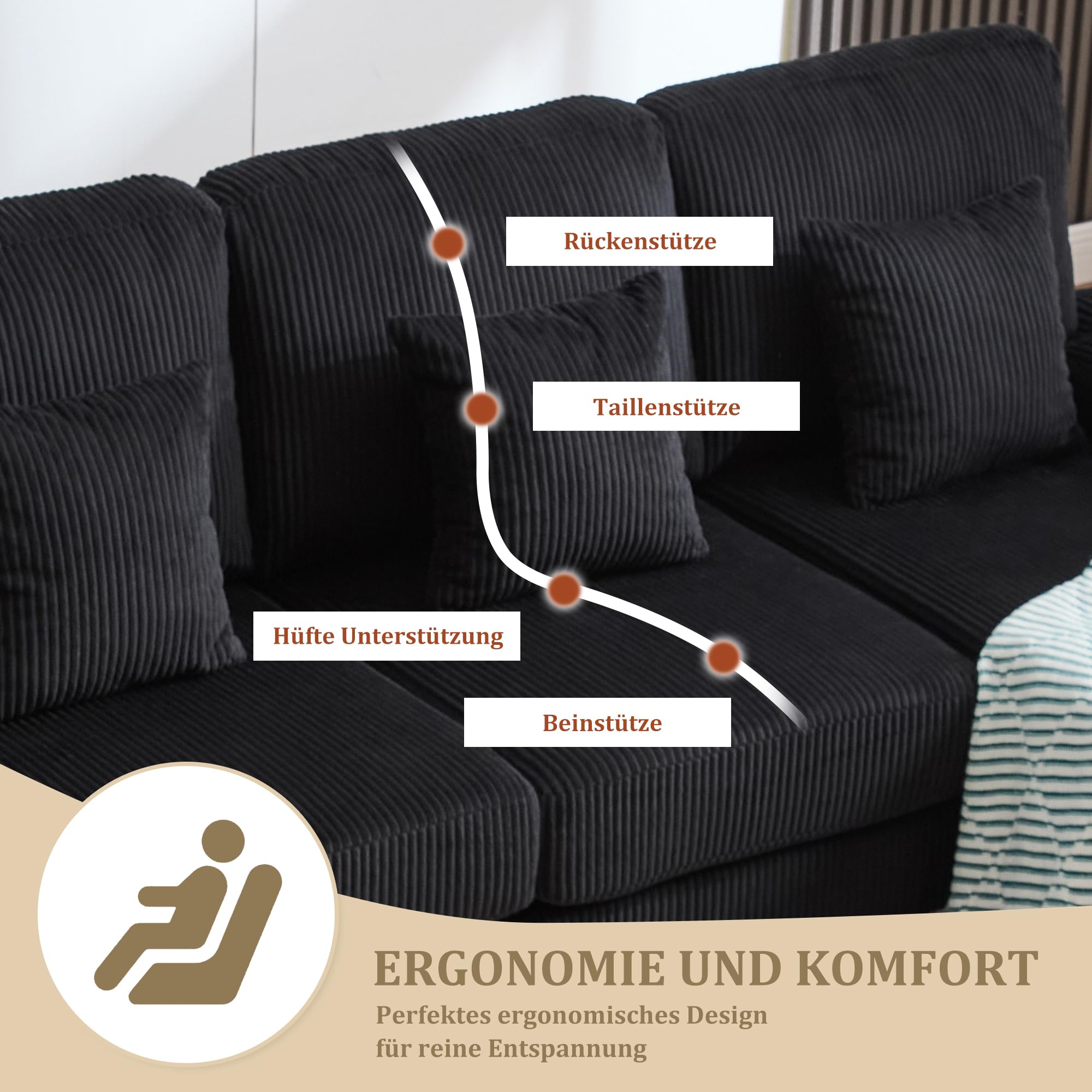U-Sofa mit LED & USB-C-Port, 4 Kissen & ergonomische Rückenlehne, 4-Sitzer Ecksofa aus Samt mit Armlehnen, Velvet, Schwarz