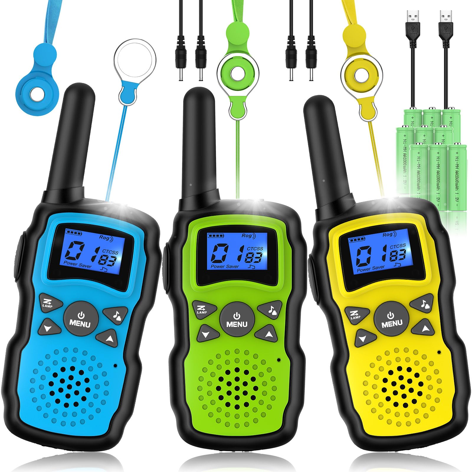 Three Wishouse M8 walkie talkies in blue, green, and yellow, arranged on a grassy background.