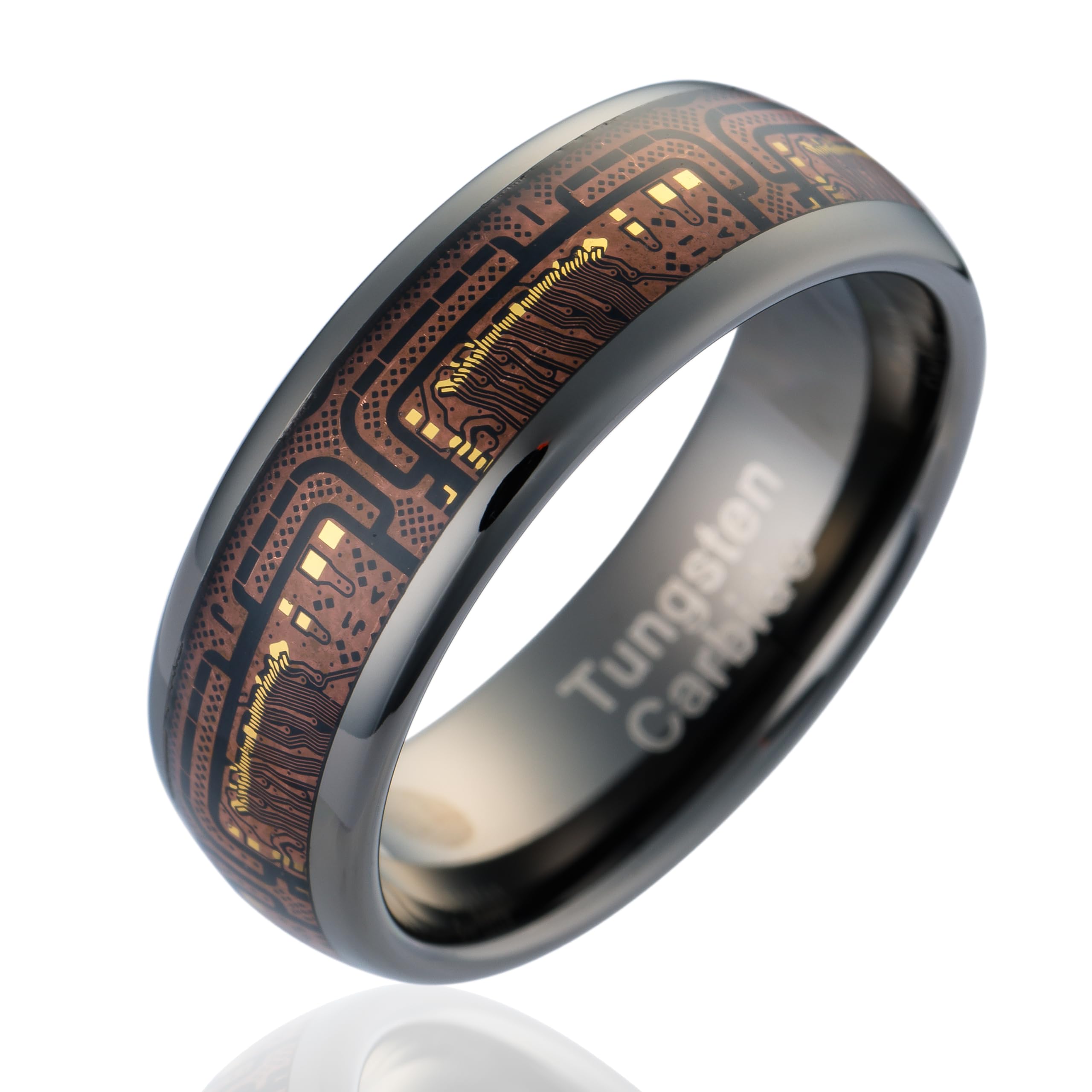 100S JEWELRY Gunmetal Circuit Board Inlay Tungsten Rings For Men Wedding Band Dome Edge Polished Finish Size 6-16