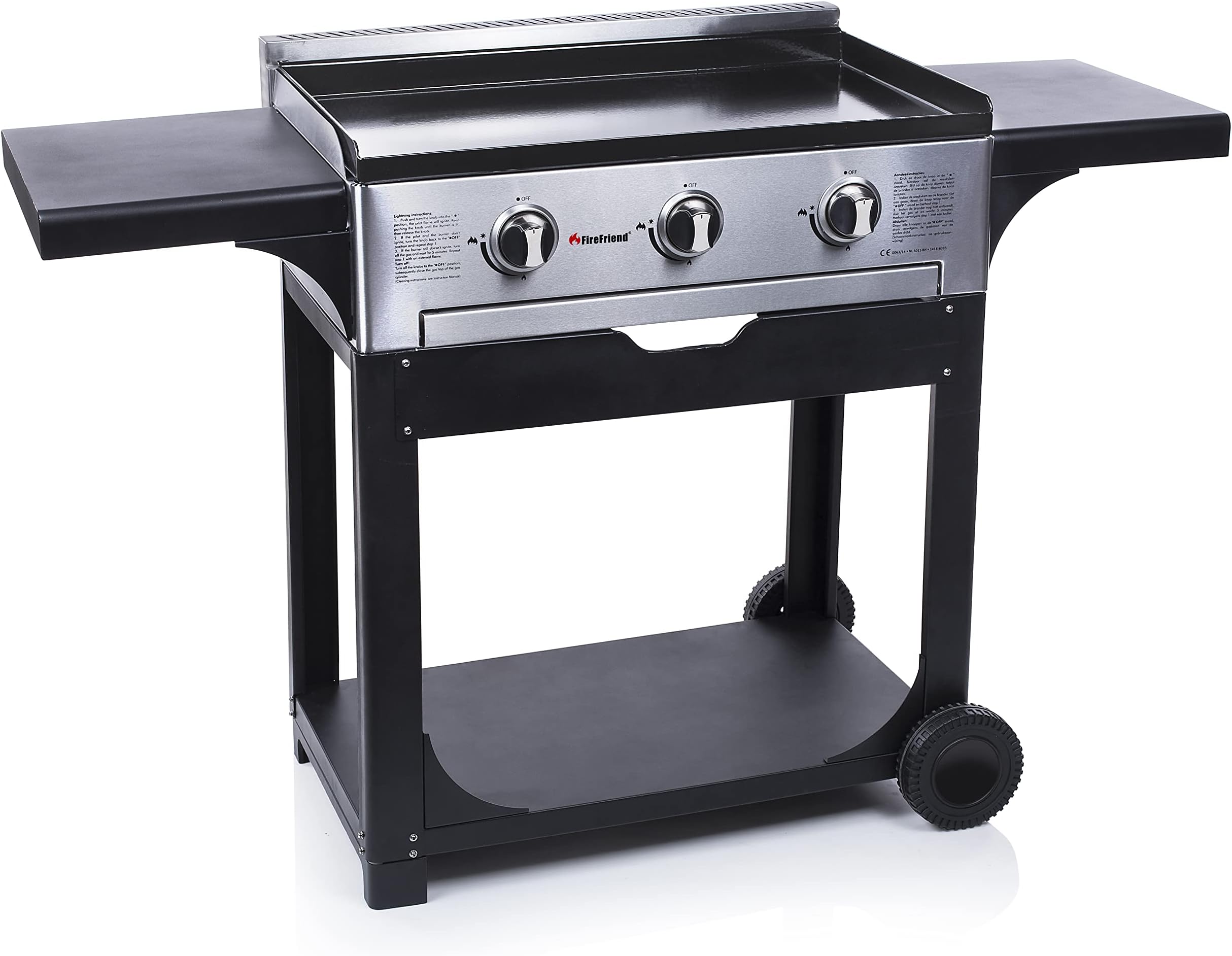 Gas BBQ Plancha with 3 Burners and Cast Iron Enamelled Baking Plate with Trolley