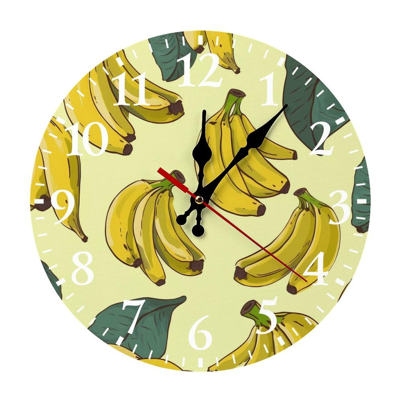 Horloge murale à piles sans tic-tac imprimée banane blanche pour bureau et cuisine