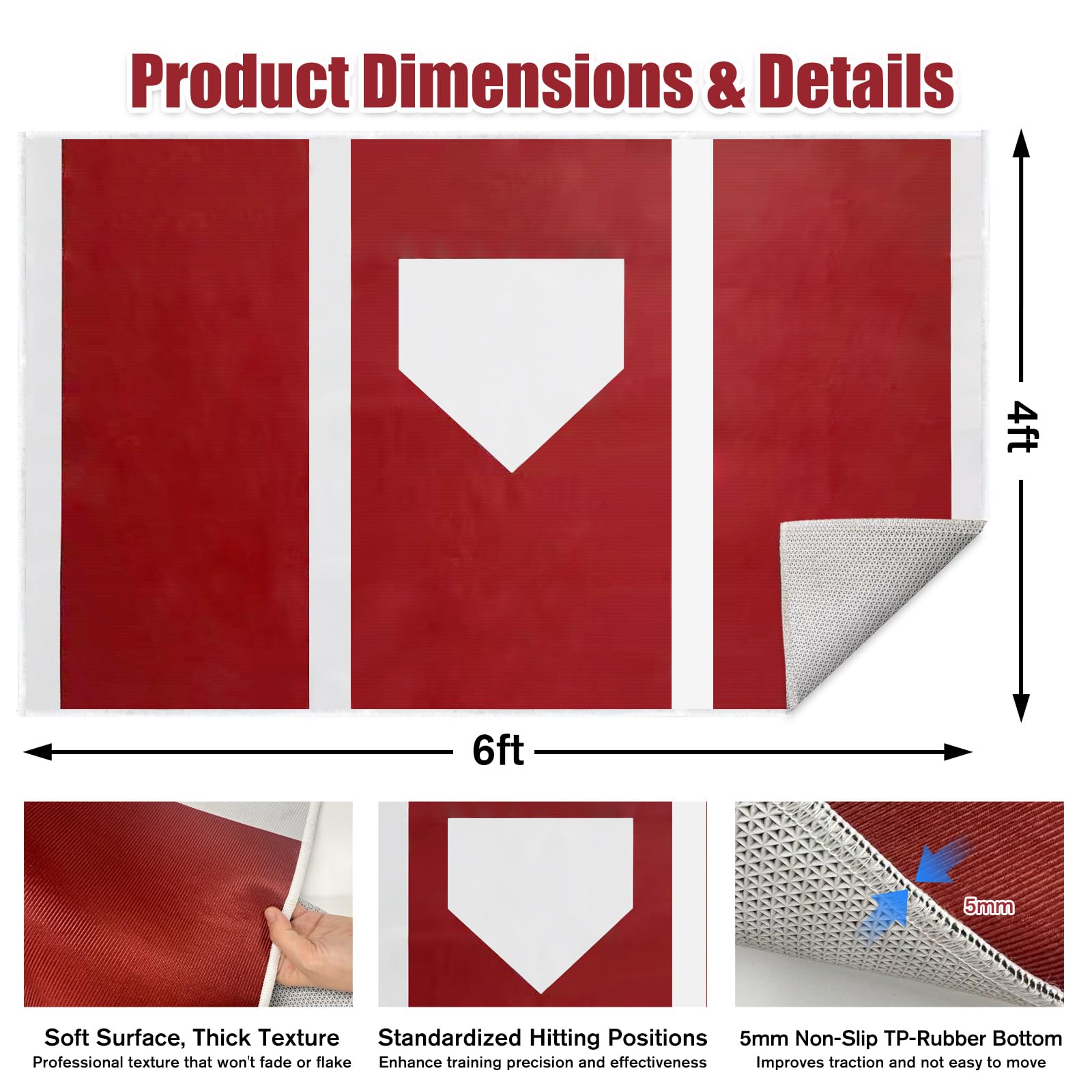 6 x 4 ft Baseball Softball Hitting Mat with Non-Slip Rubber Backing High-Visibility Printed Stripes Cushioned Surface Durable Indoor/Outdoor Batting Mat Portable Batting Stance Practice Mat
