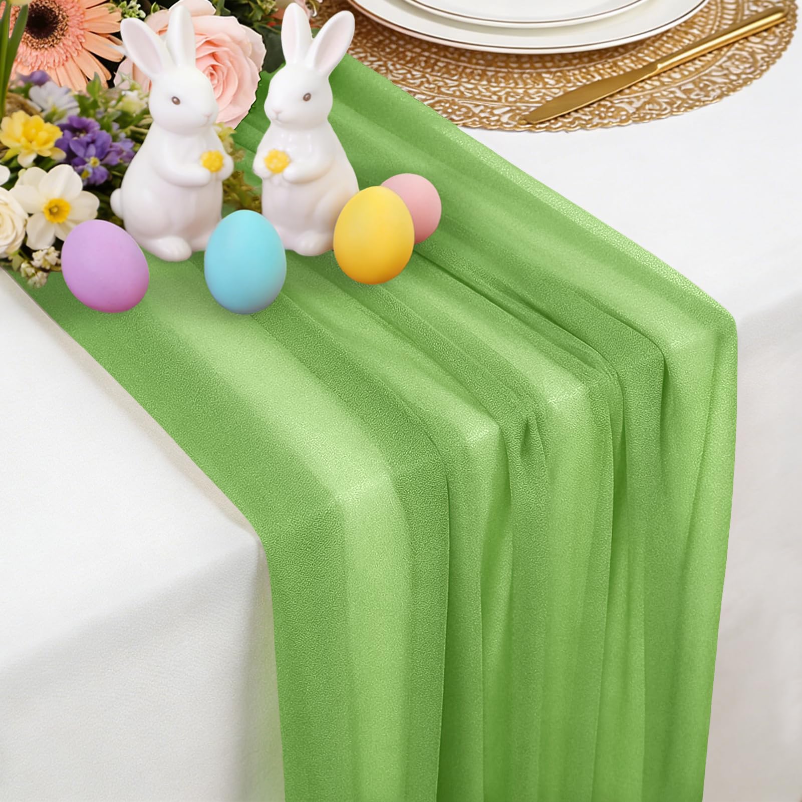 Tischläufer Hellolivgrün Chiffon, 77 X 300 cm Weich und Bequem Tischläufer für Boho Hochzeit, Party, Taufe Dekor, Babyparty, Brautparty Küche Tisch Dekoration