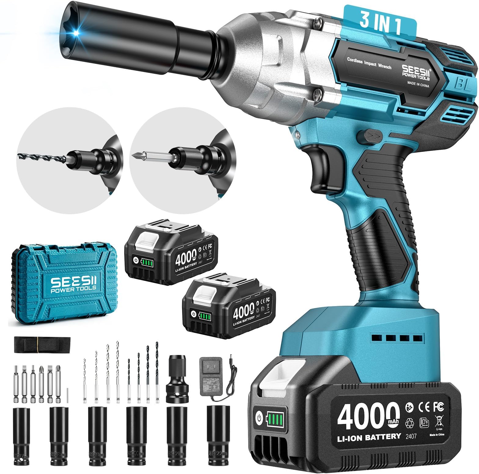 Seesii Cordless Impact Wrench 1/2 inch, High Torque 479 Ft-lbs(650Nm) Brushless Impact Gun,2500RPM w/2x4.0 Battery, 6 Sockets,8 Drill Bits, High Torque Power Impact Driver for Car Home,WH700