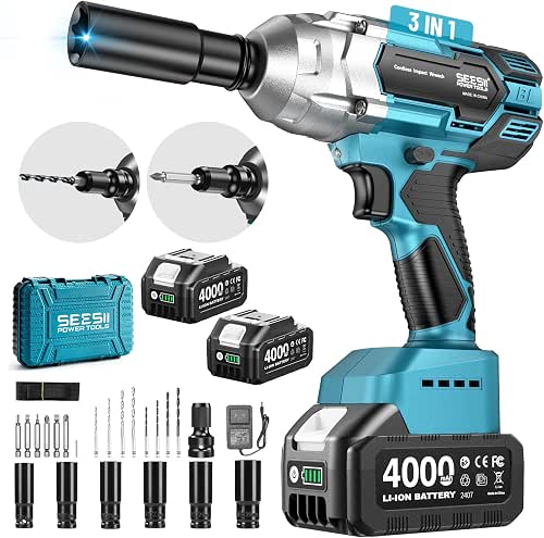 Seesii Cordless Impact Wrench 1/2 inch, High Torque 479 Ft-lbs(650Nm)