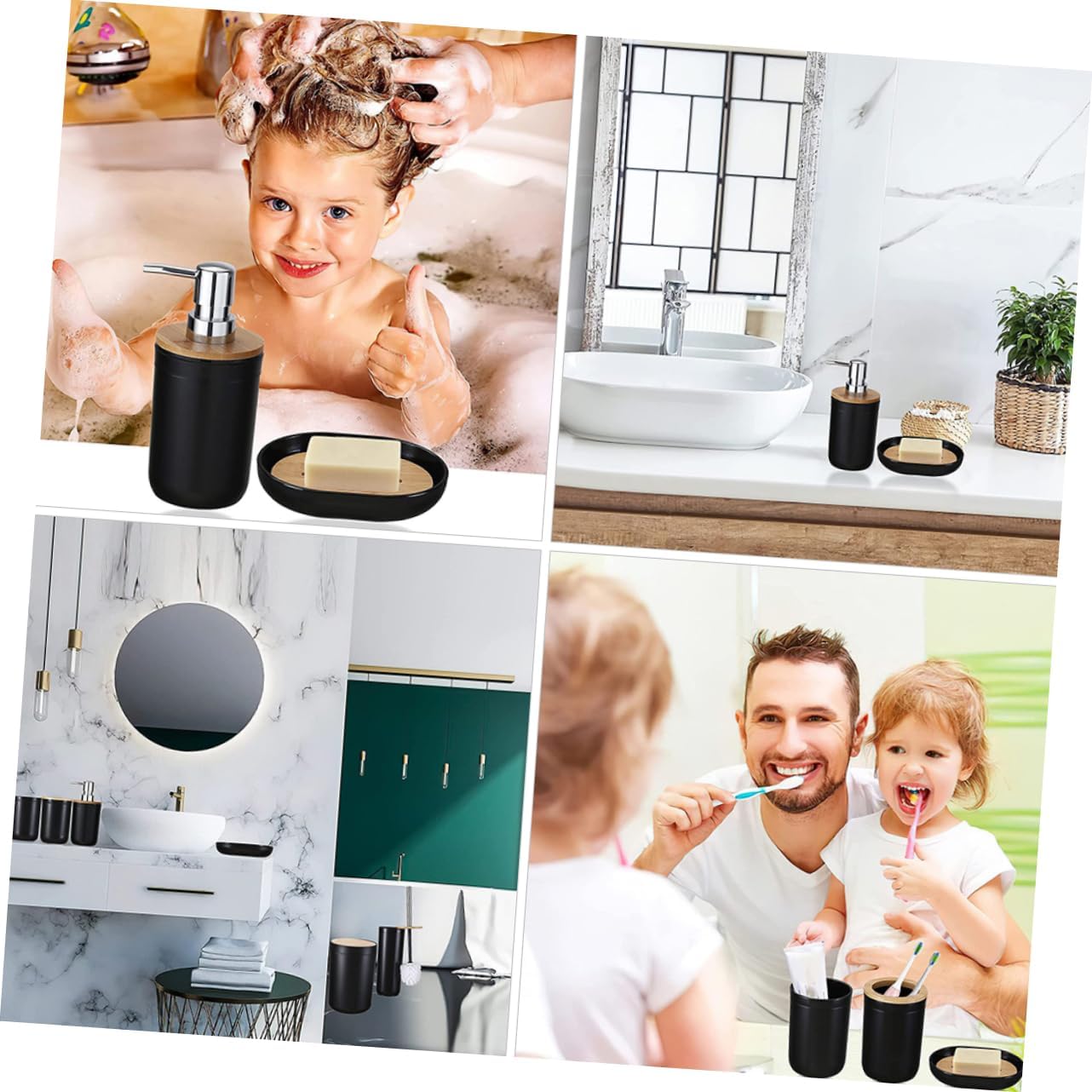 6-Piece Bamboo Bathroom Accessory Set Trash Can Toothbrush Holder Soap Dispenser and Lotion Bottle Bathroom Necessities