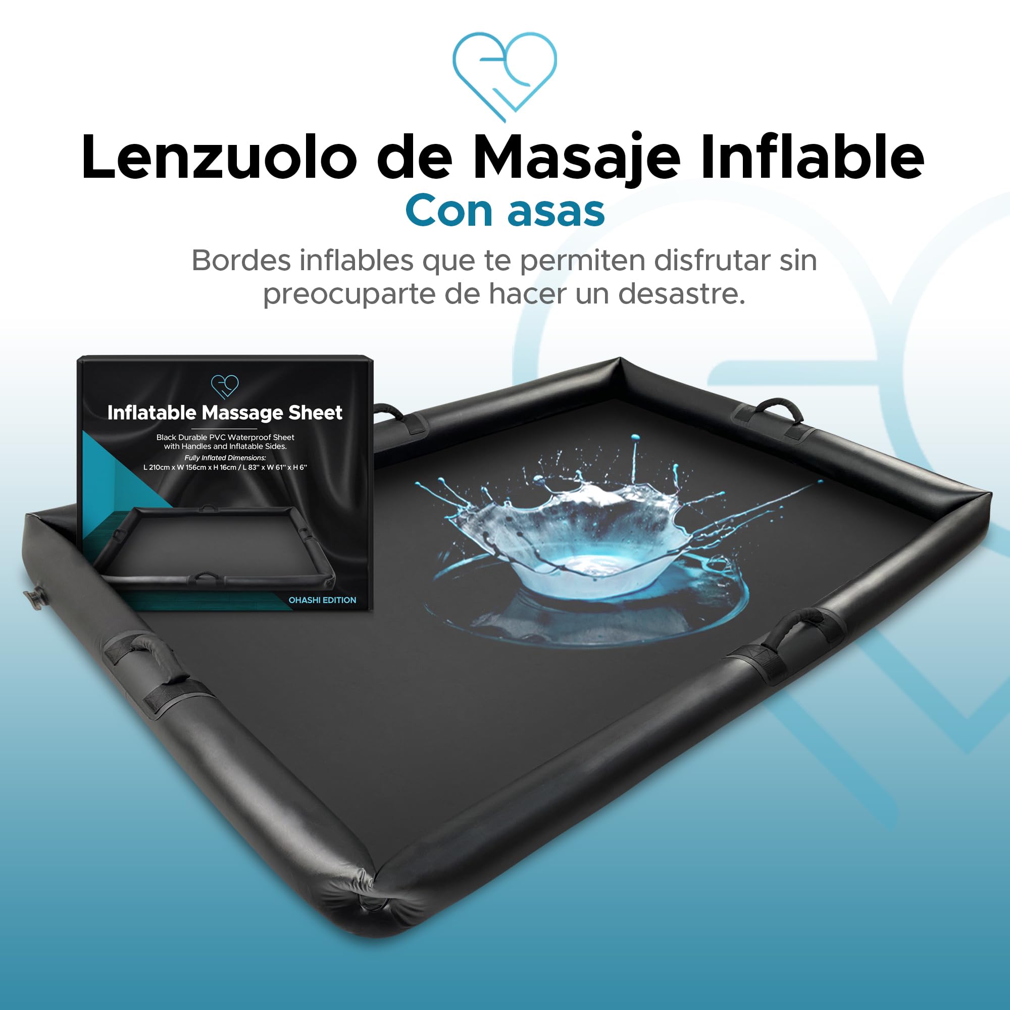 Lámina de Masaje Inflable Nuru con Asas y Lados inflables | PVC Duradero Resistente al Agua | 210 cm x 156 cm x 16 cm | Protección contra Productos a Base de Aceite, Agua y Silicona