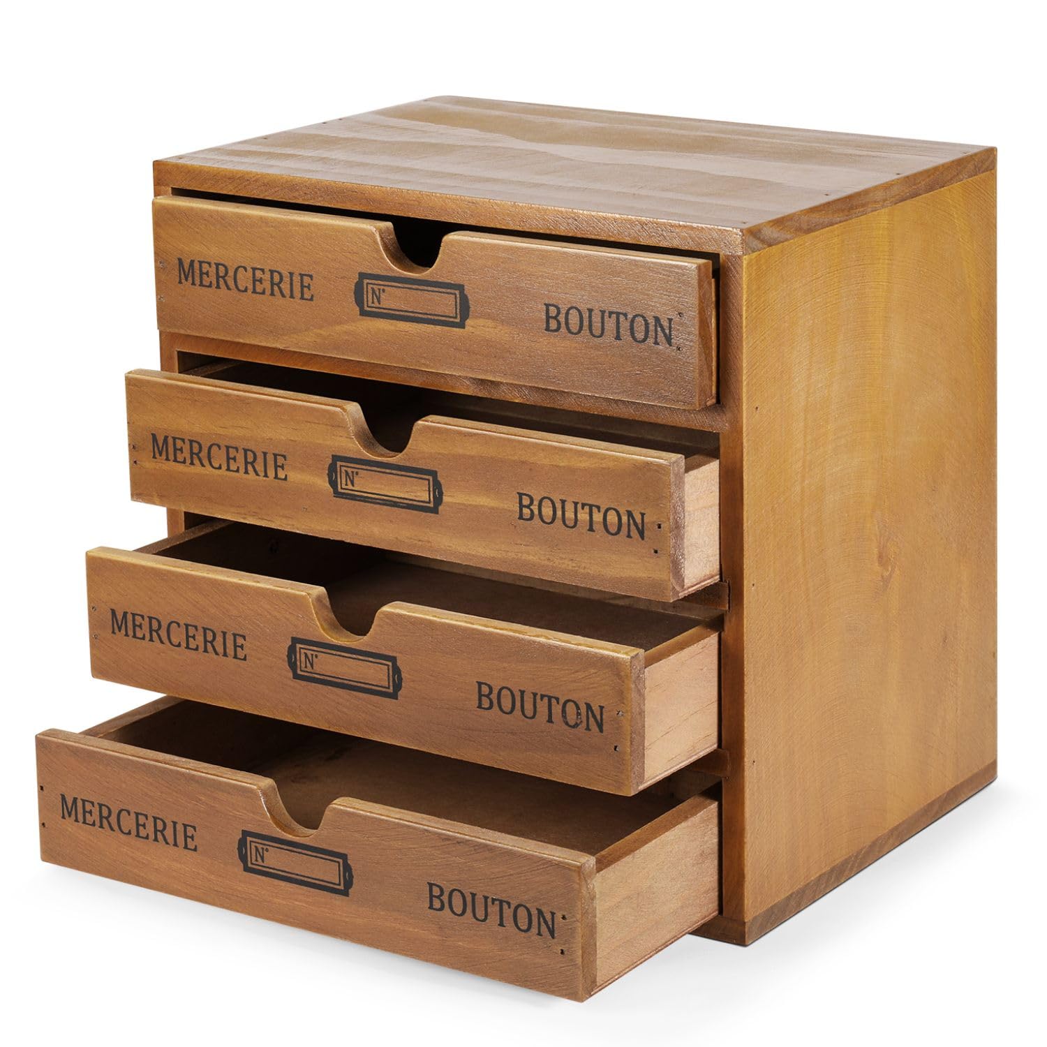 Flexzion Organizador de suministros de oficina de escritorio de madera con 4 cajones de almacenamiento, gabinete de mesa de madera de 4 niveles, decoración de vanidad, herramienta de arte y correo