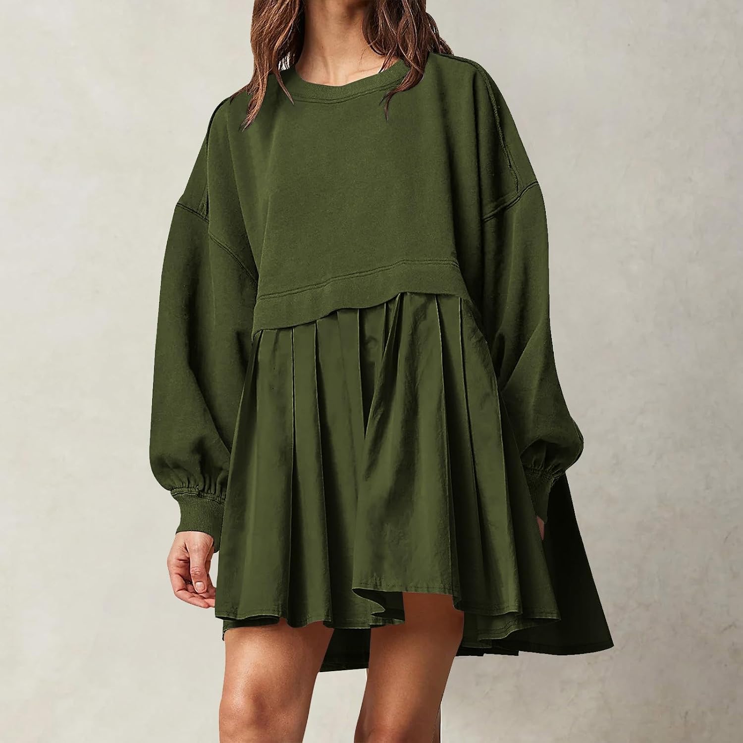 Women Patchwork Oversized Sweatshirt Mini Dress Solid Long Sleeve Crewneck Loose Pullover Top Tennis Pleated Dresses